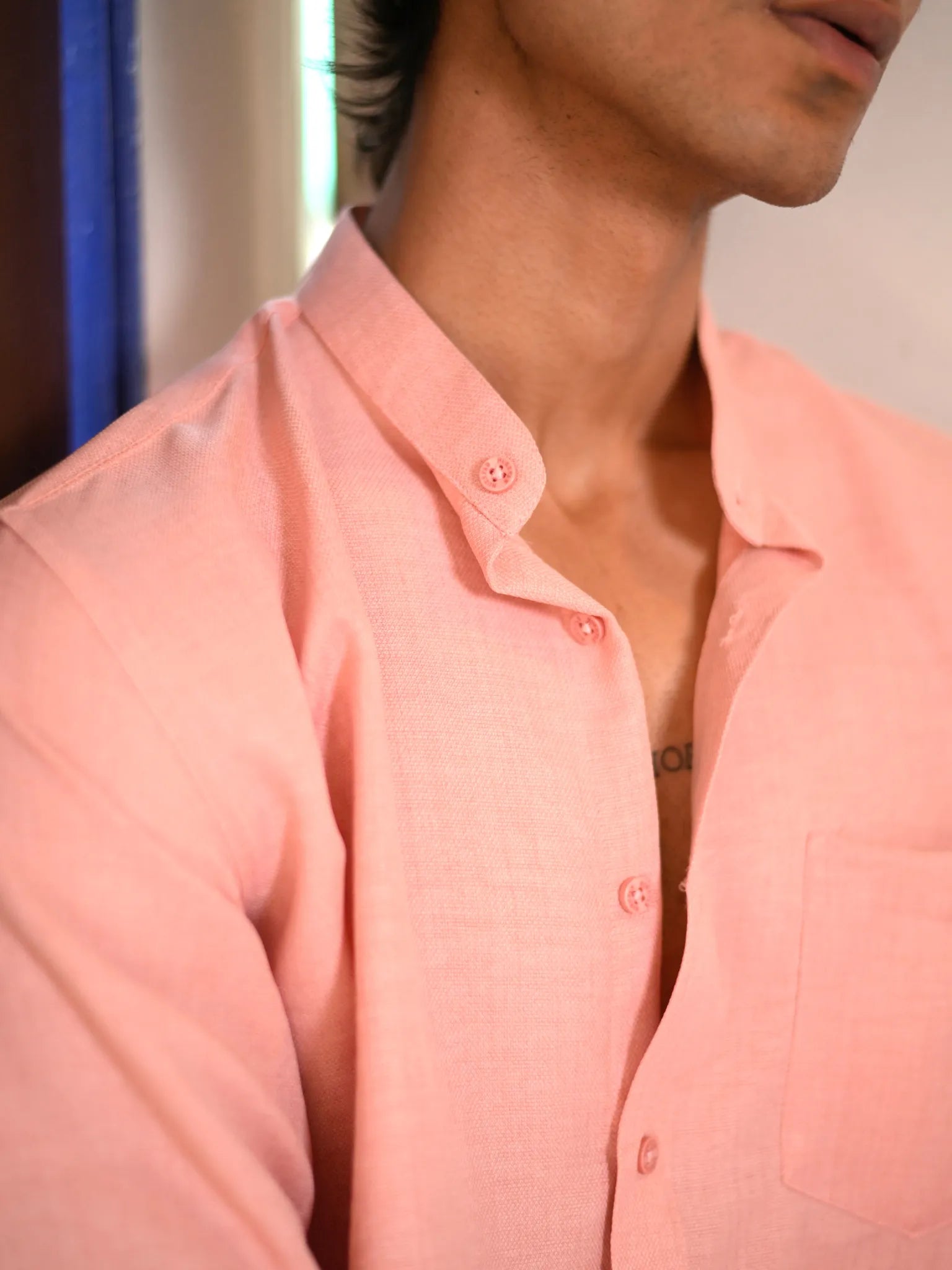 Baby Pink Linen Blend Mandarin collar Full Sleeves Shirt