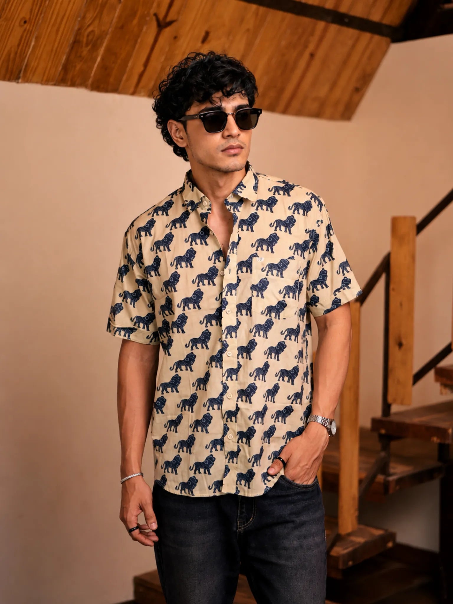 cream blue lion printed half-sleeves shirt