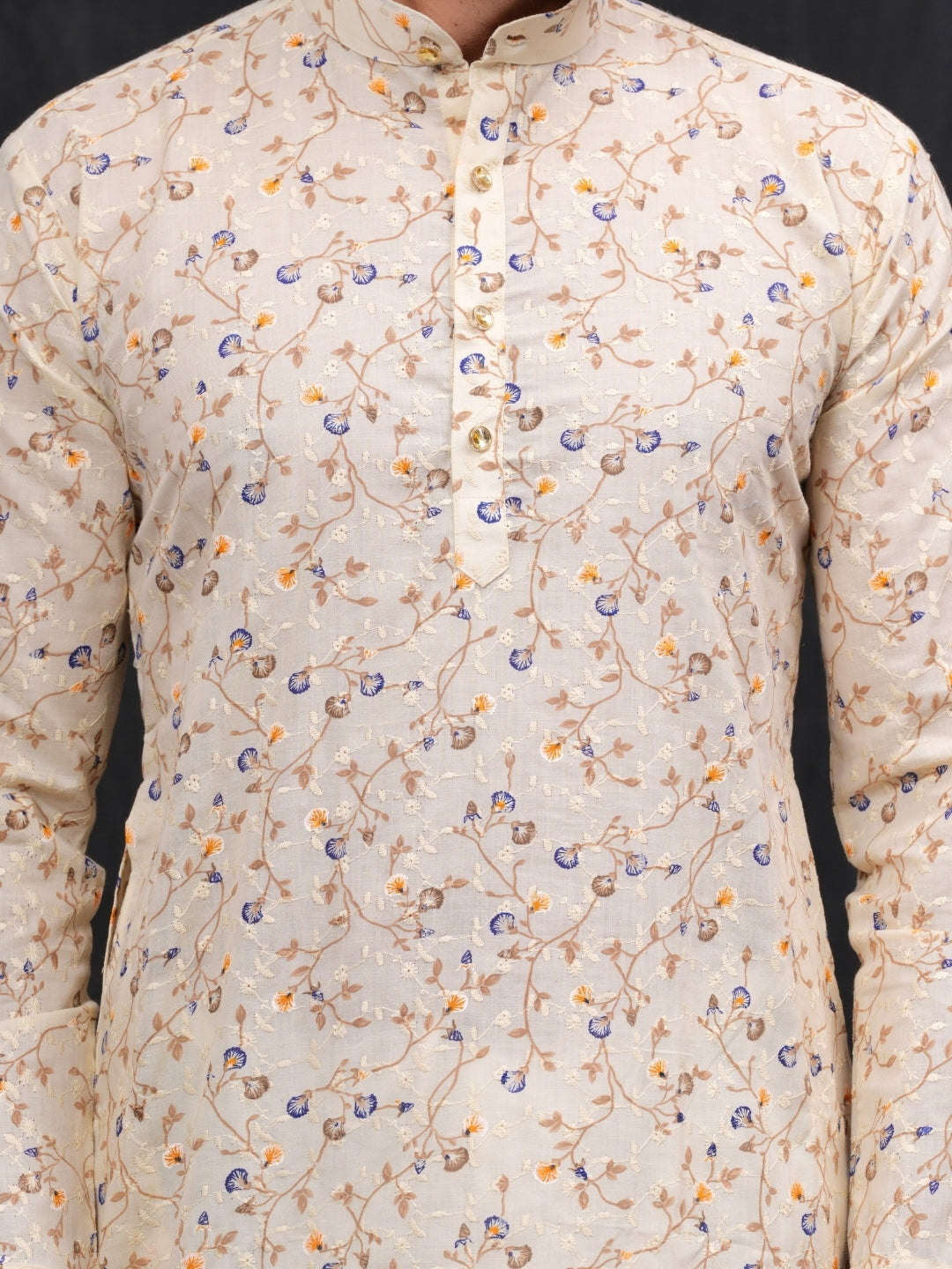 Cream Chikankari Leaf Printed Kurta & Pajama Set