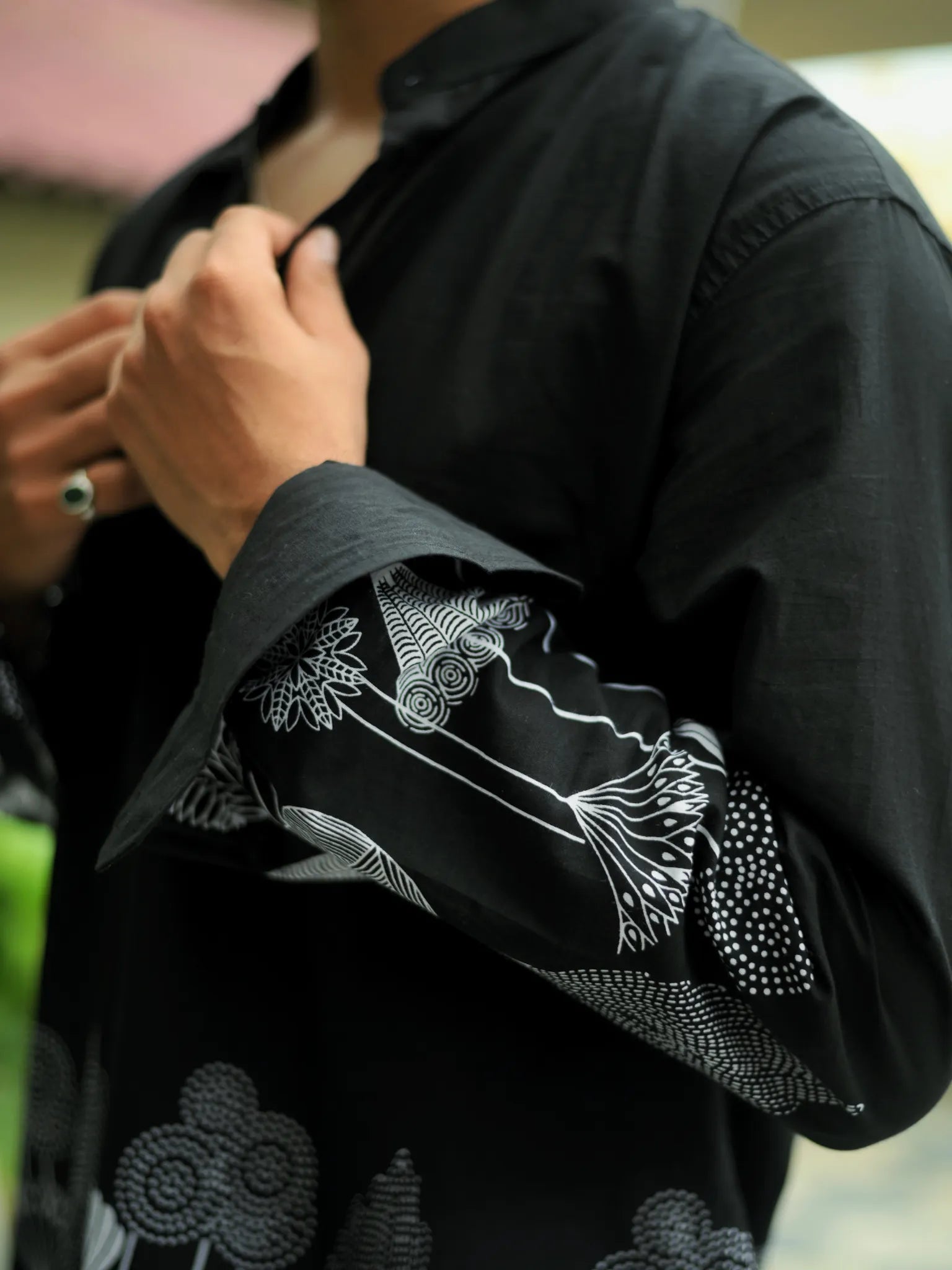 Black Flower Placement Short Kurta