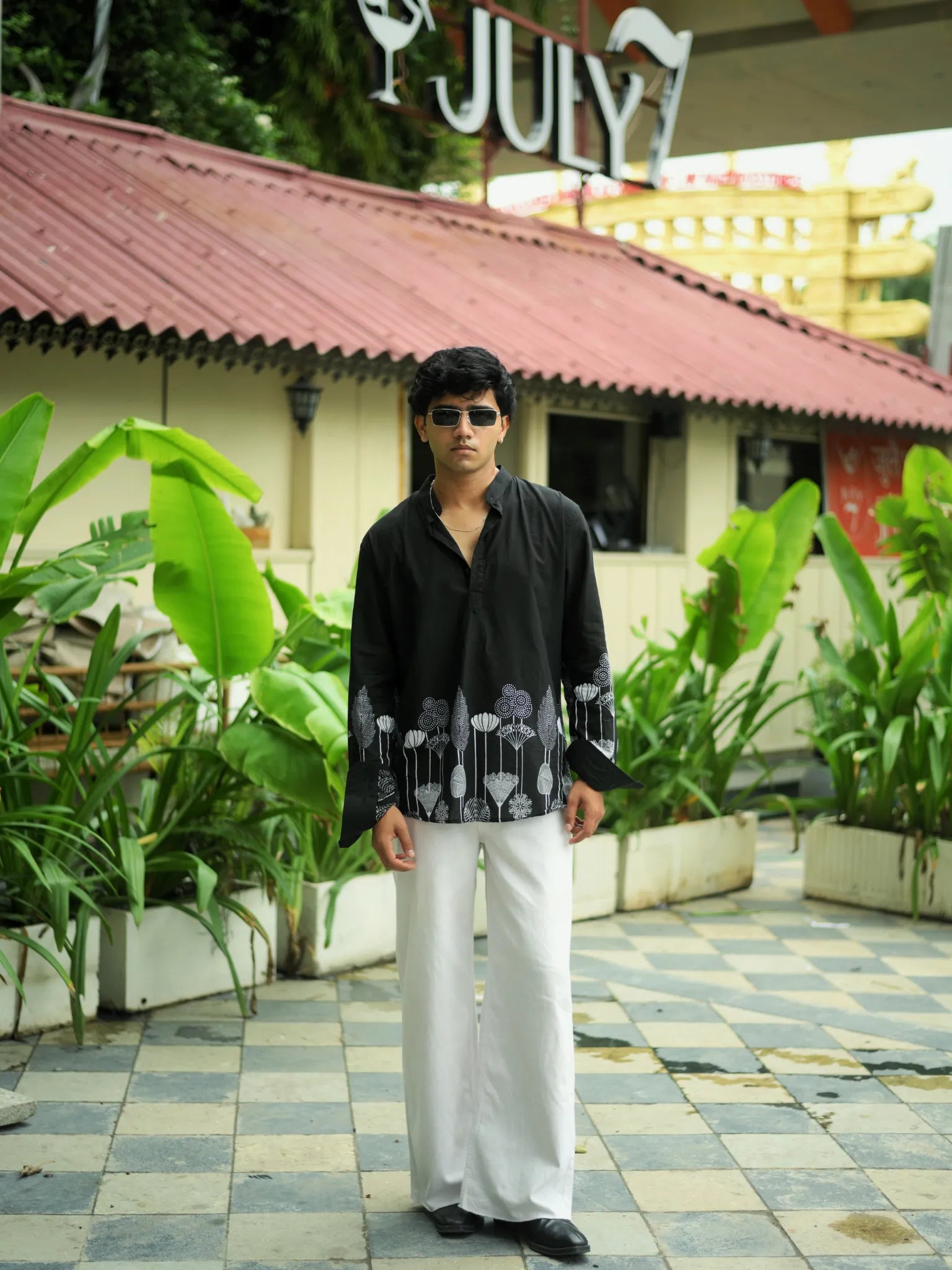 Black Flower Placement Short Kurta
