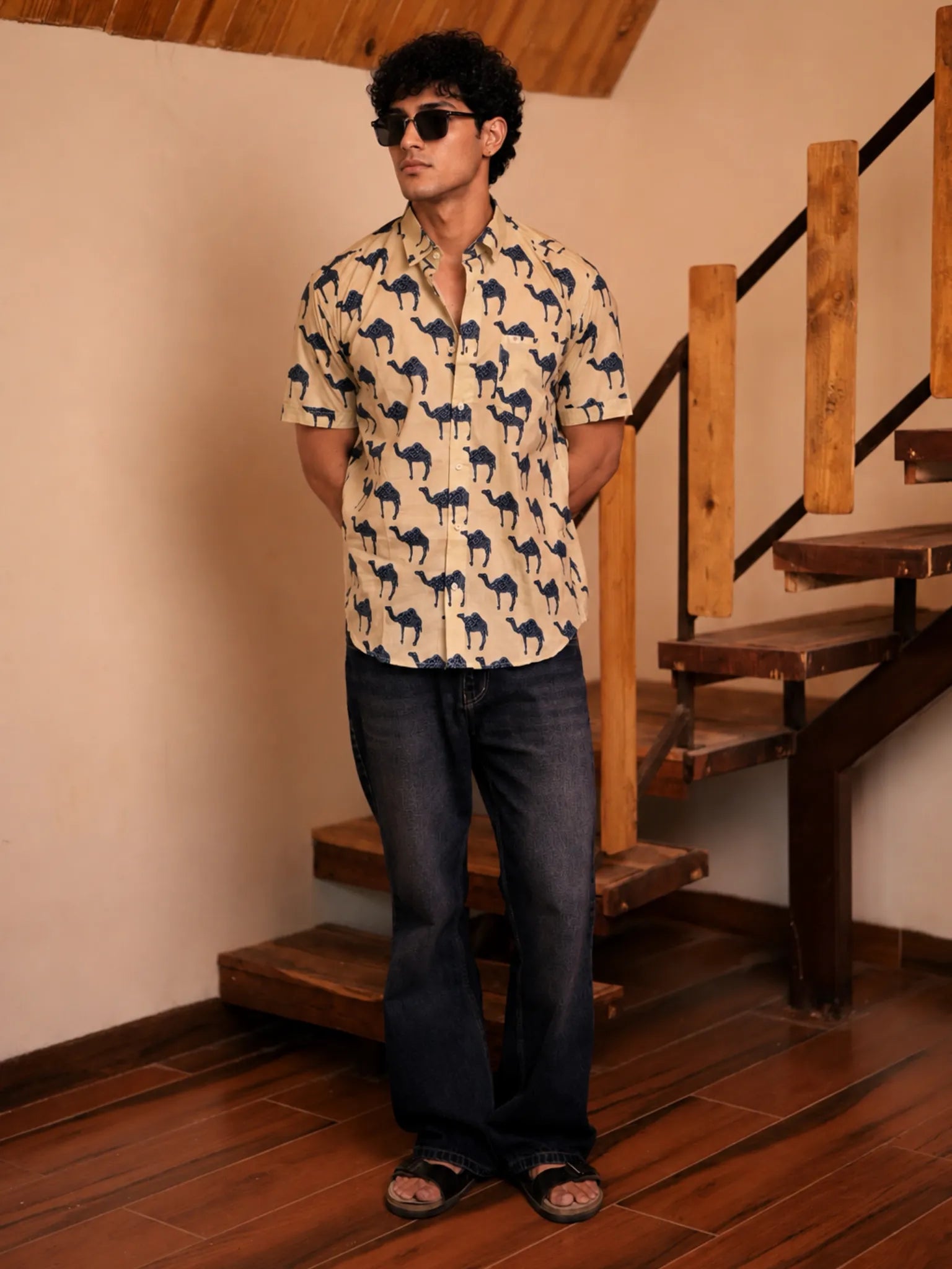 Cream-Blue Camel printed Half Sleeves shirt