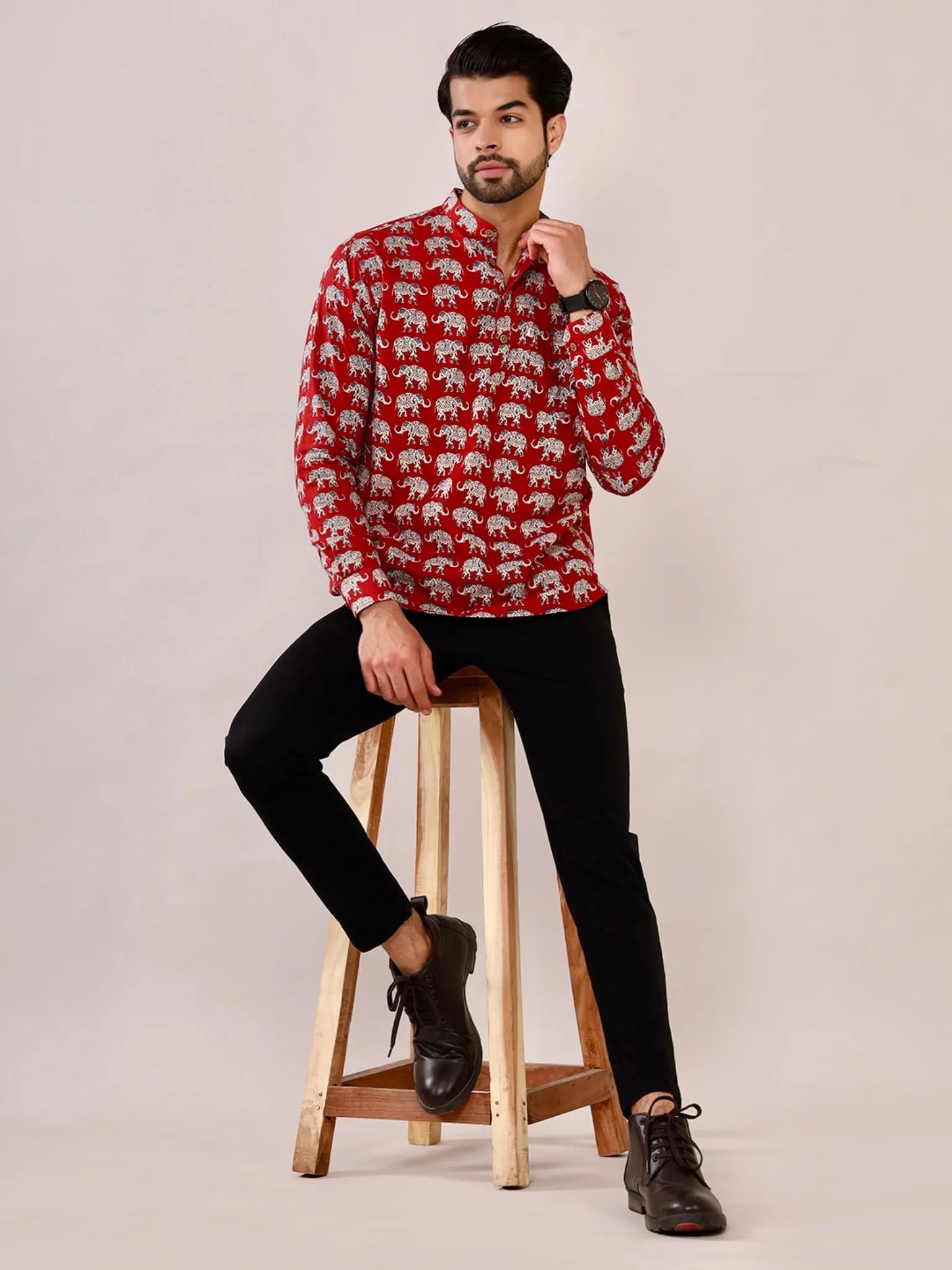 red elephant printed short kurta