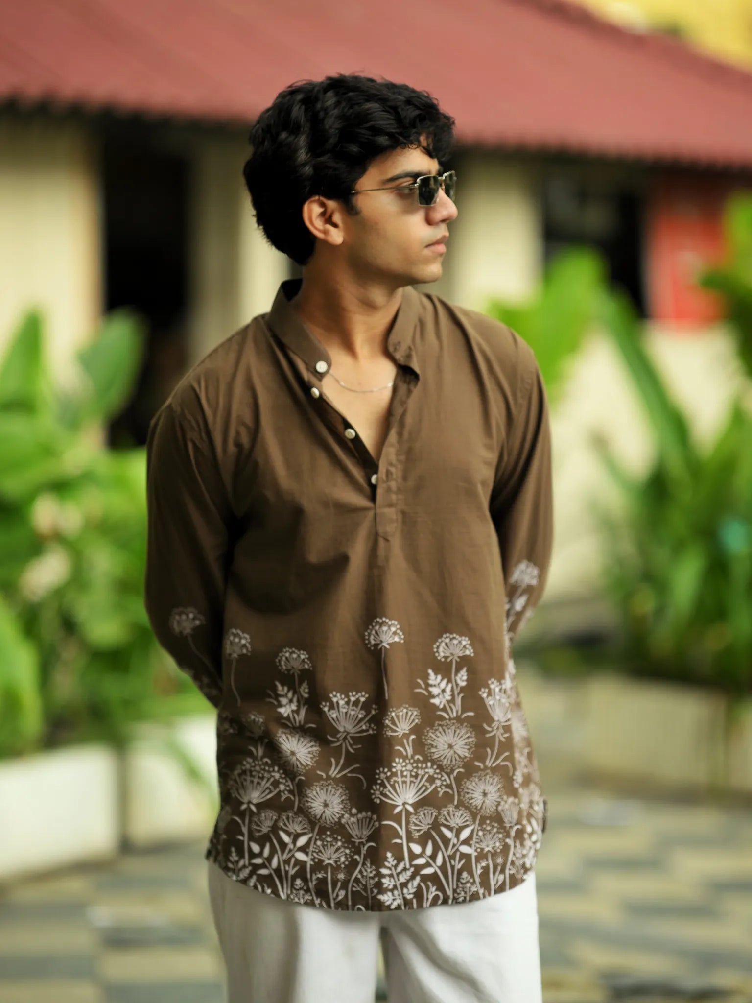 Brown Floral Placement Short Kurta