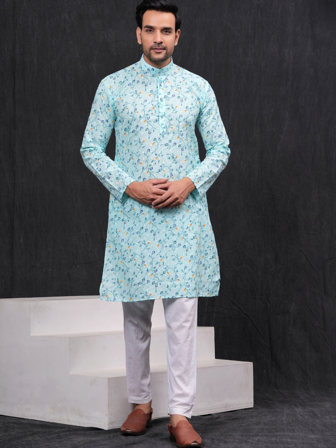 SkyBlue Chikankari Leaf Printed Kurta & Pajama Set