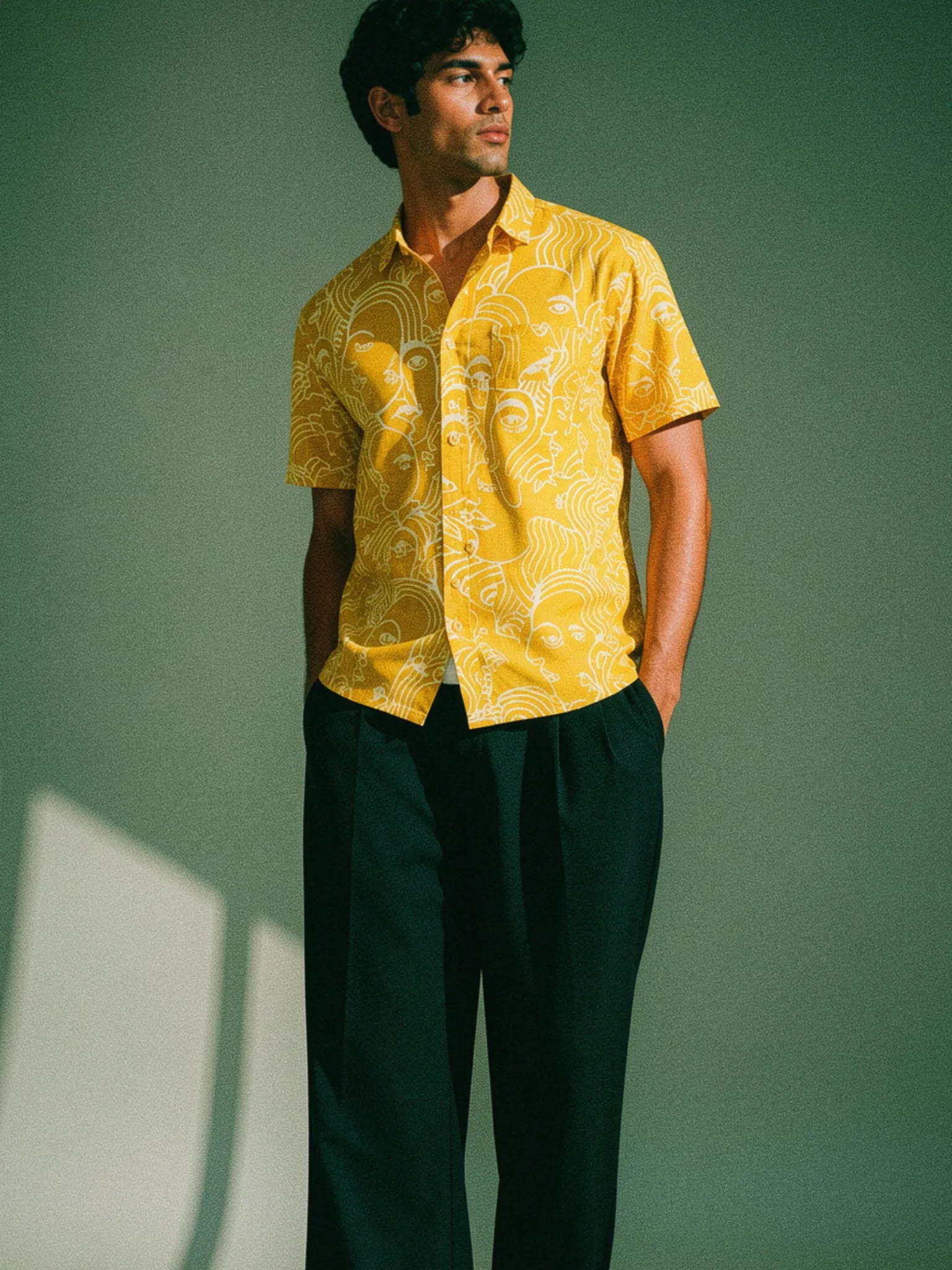 Mustard Yellow Face Art Half Sleeves Shirt