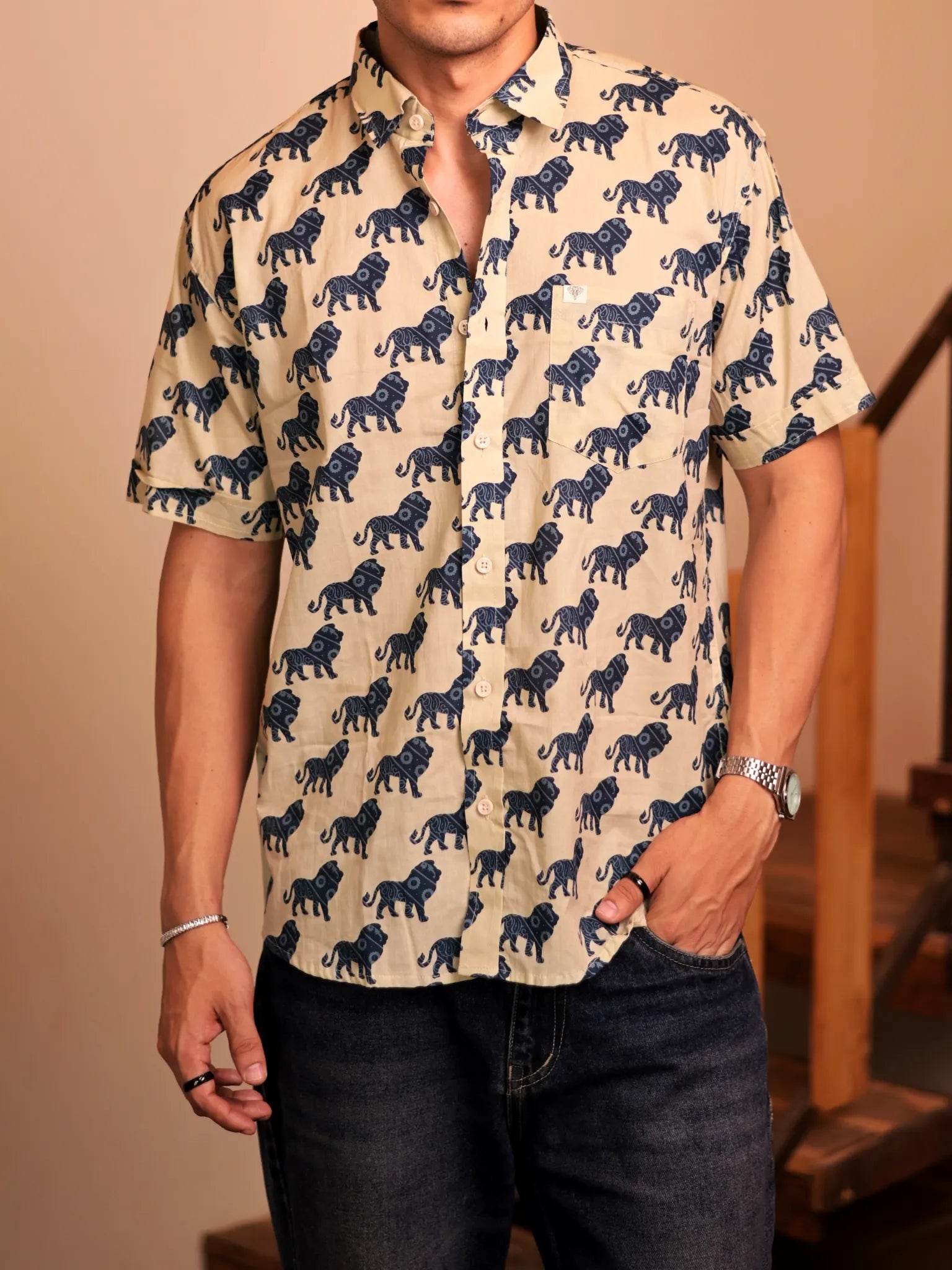 cream blue lion printed half-sleeves shirt