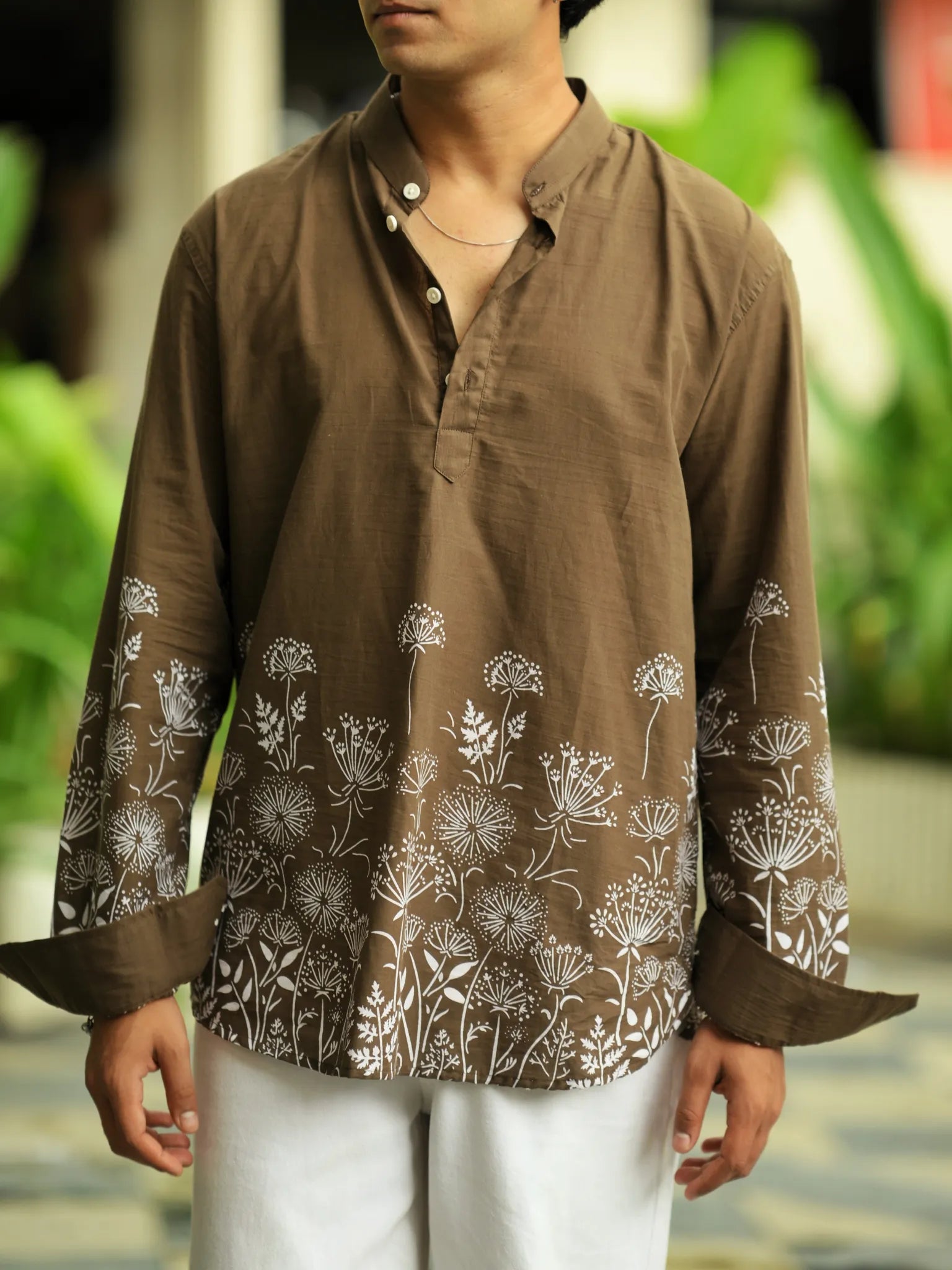 Brown Floral Placement Short Kurta