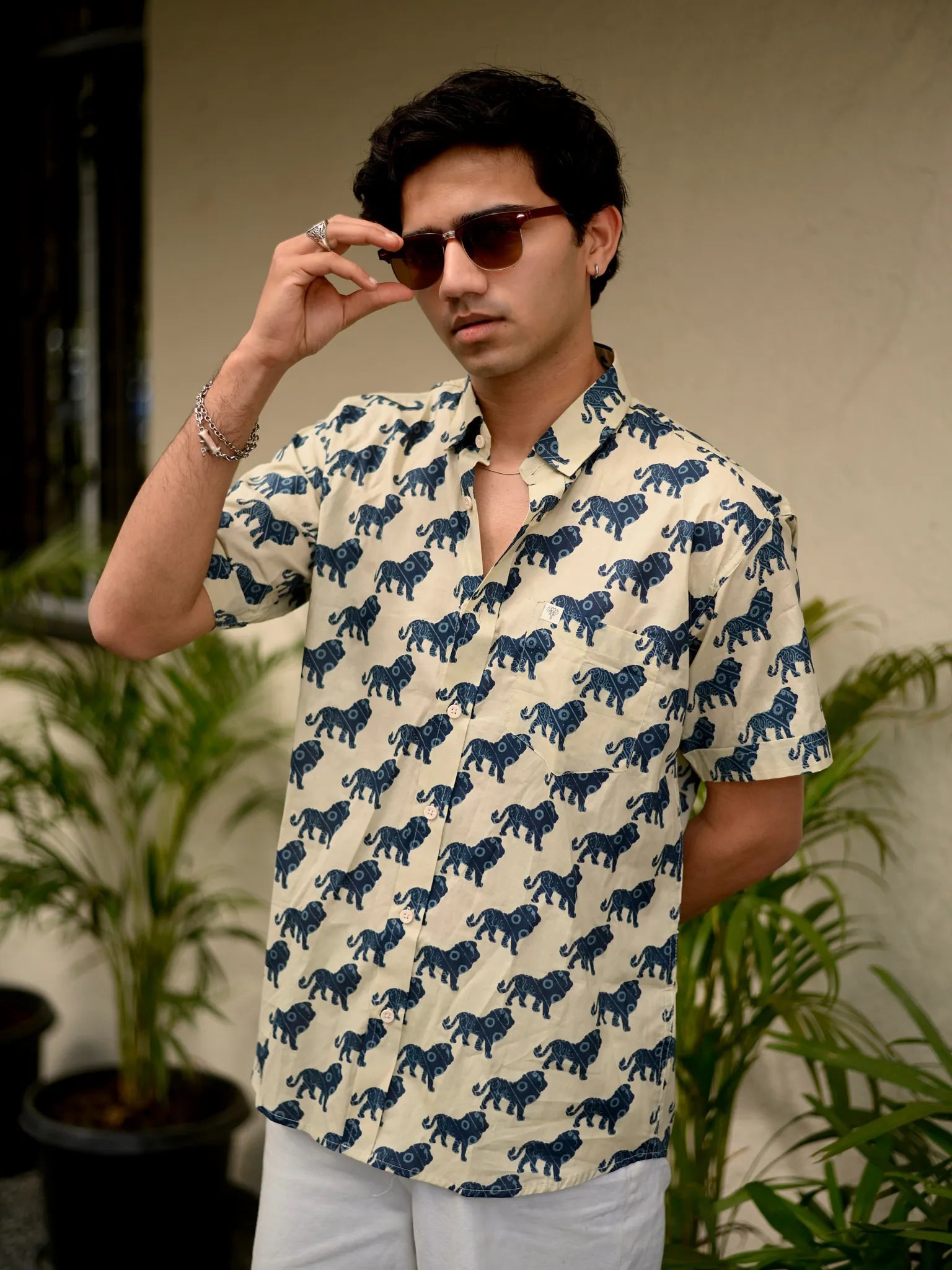 cream blue lion printed half-sleeves shirt