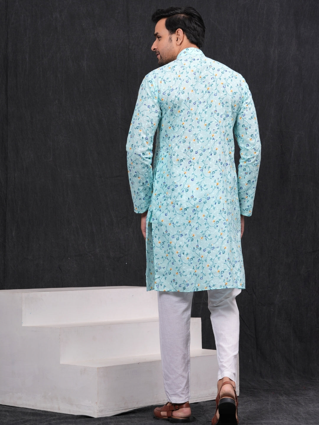 SkyBlue Chikankari Leaf Printed Kurta & Pajama Set