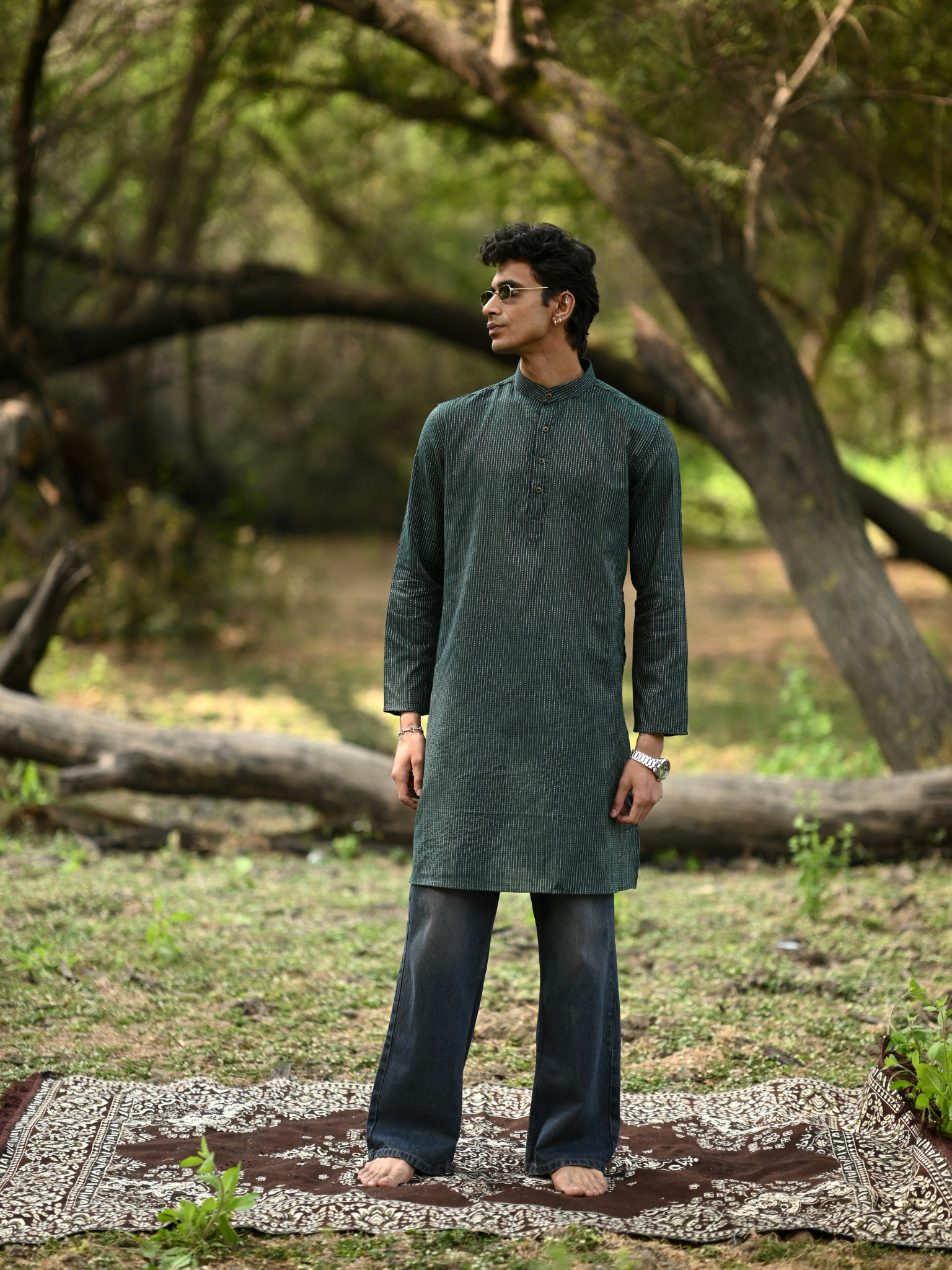Olive Kantha Thread Work Long Kurta & pyjama set