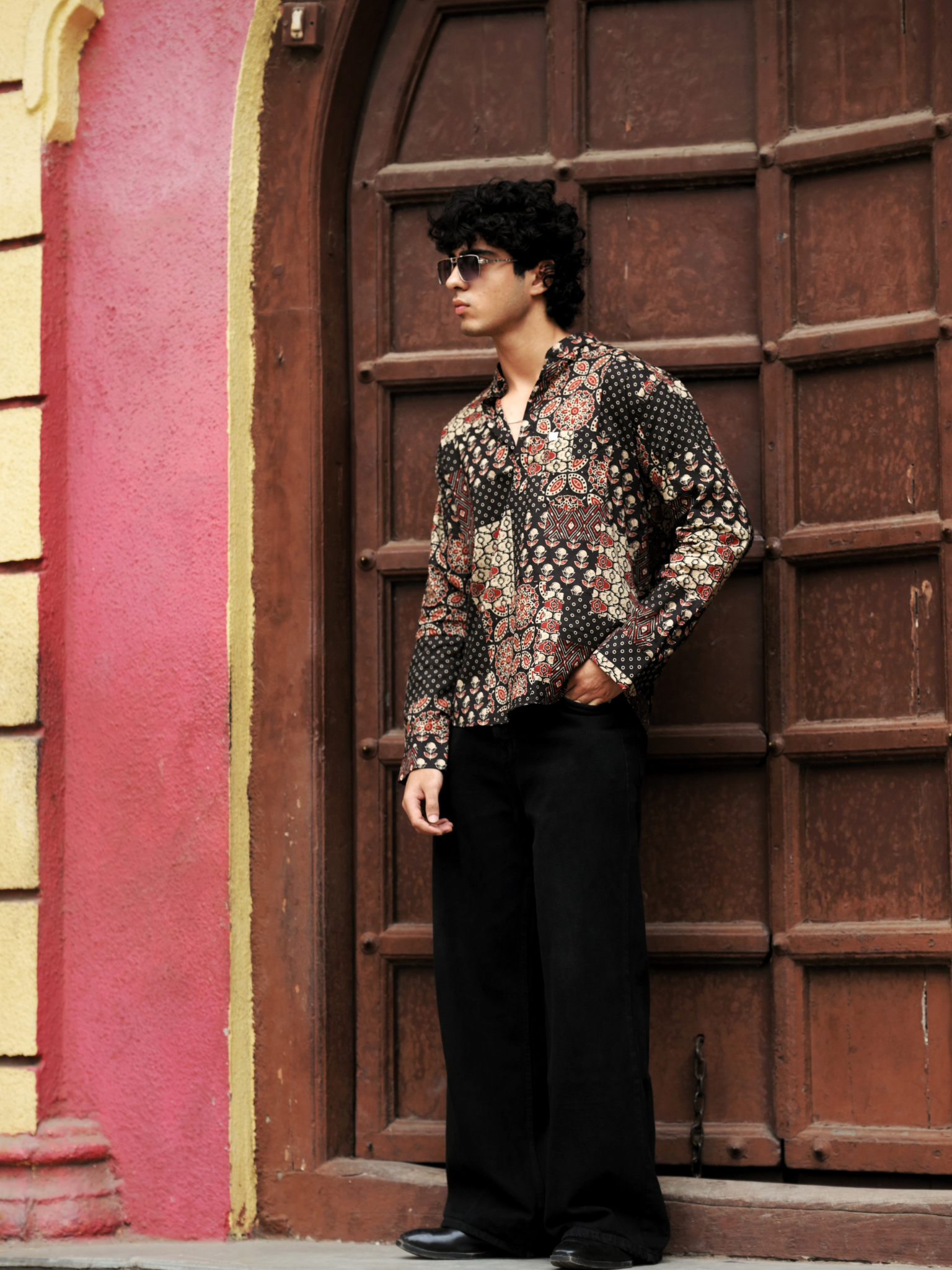 Black patchwork printed short kurta
