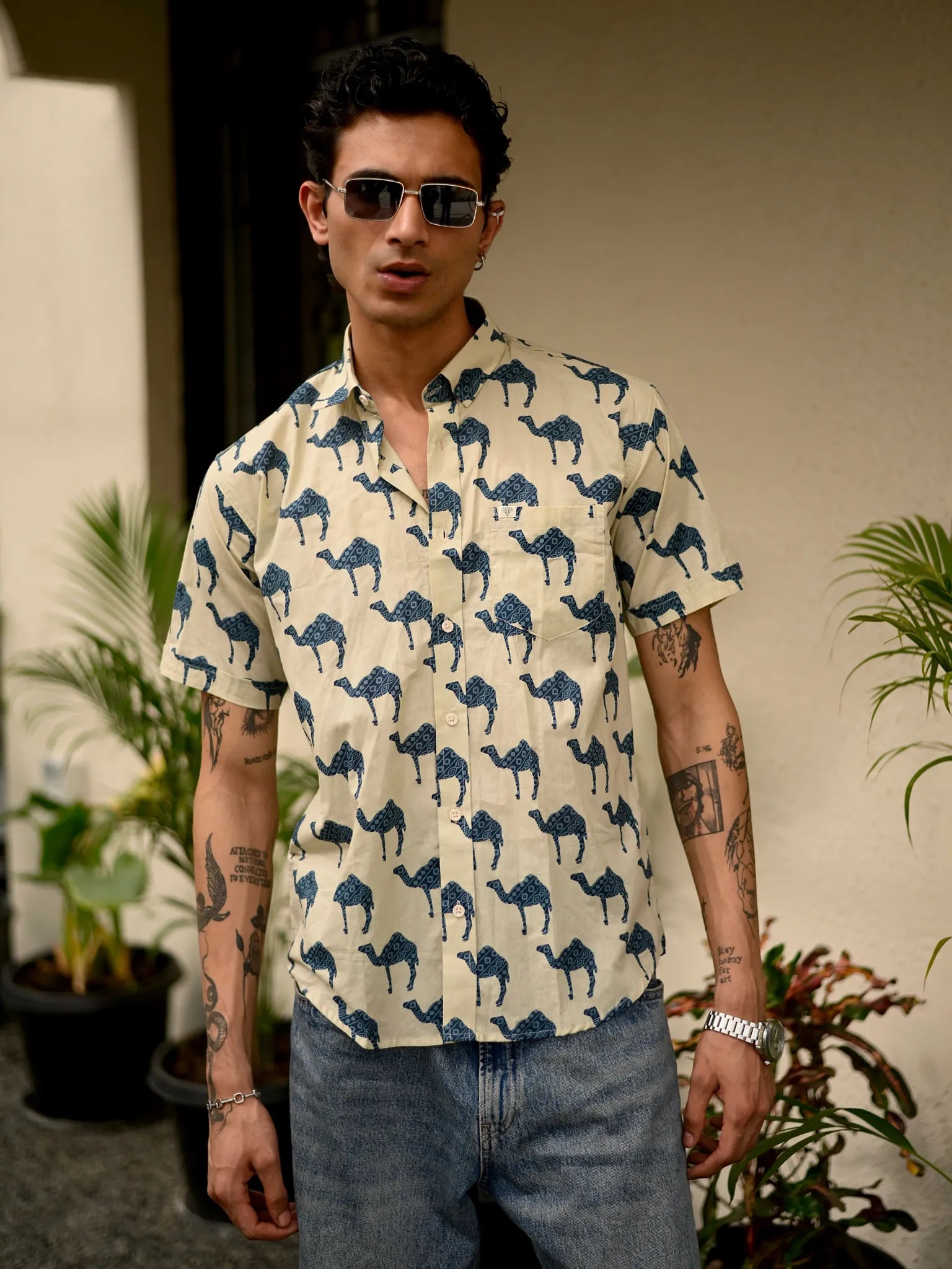 Cream-Blue Camel printed Half Sleeves shirt