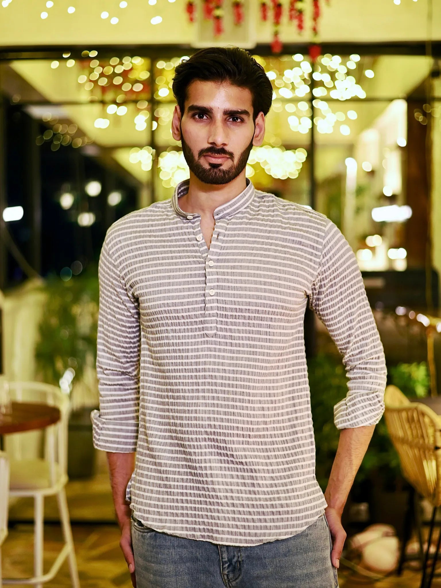 Grey Lining seersucker Short Kurta