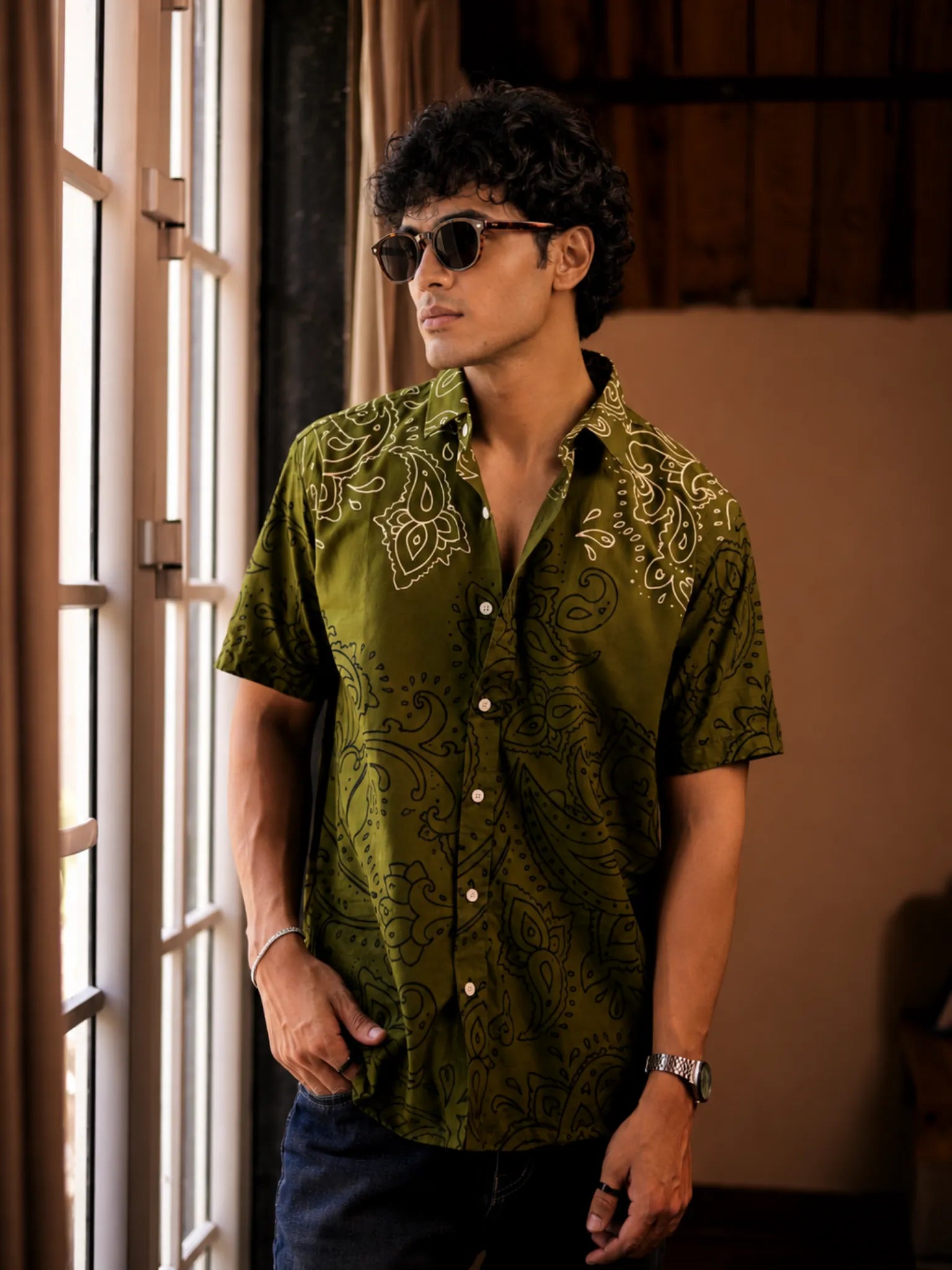 Olive Black Paisley Half Sleeves Shirt