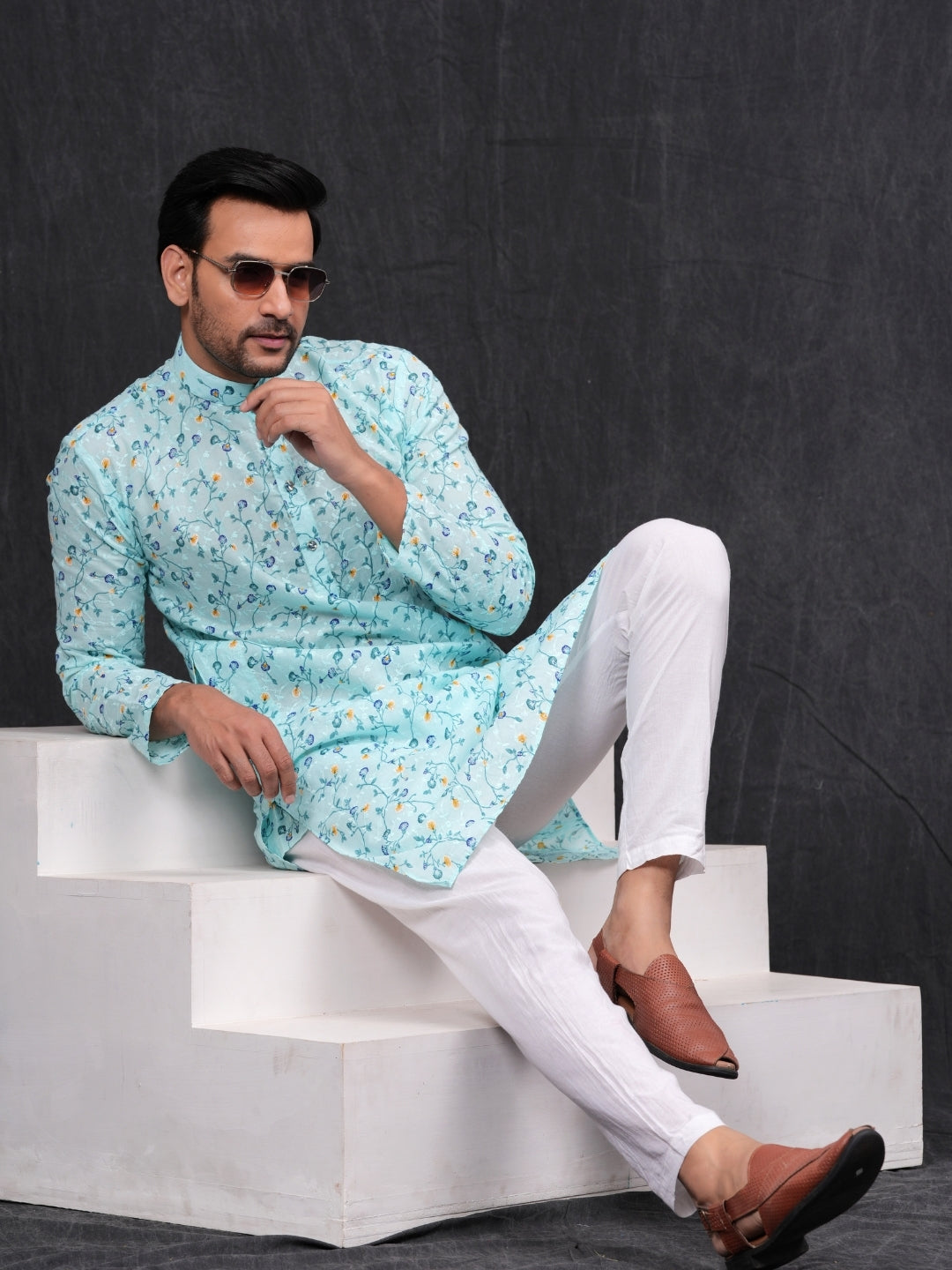 SkyBlue Chikankari Leaf Printed Kurta & Pajama Set