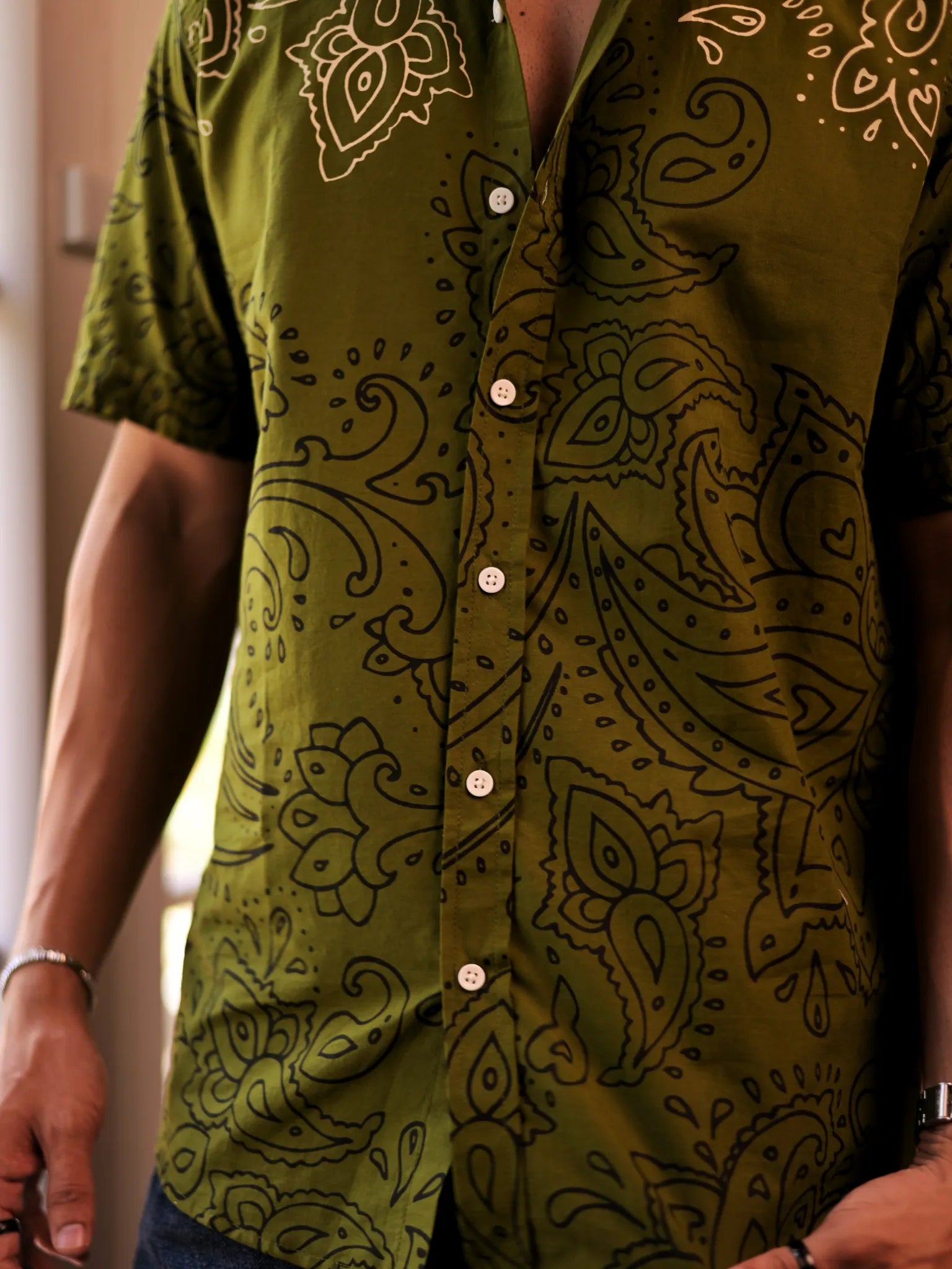 Olive Black Paisley Half Sleeves Shirt