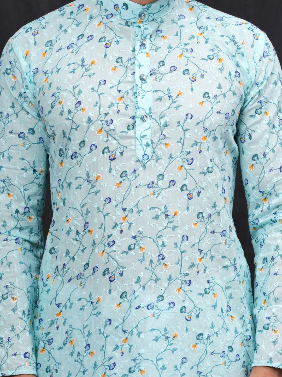 SkyBlue Chikankari Leaf Printed Kurta & Pajama Set