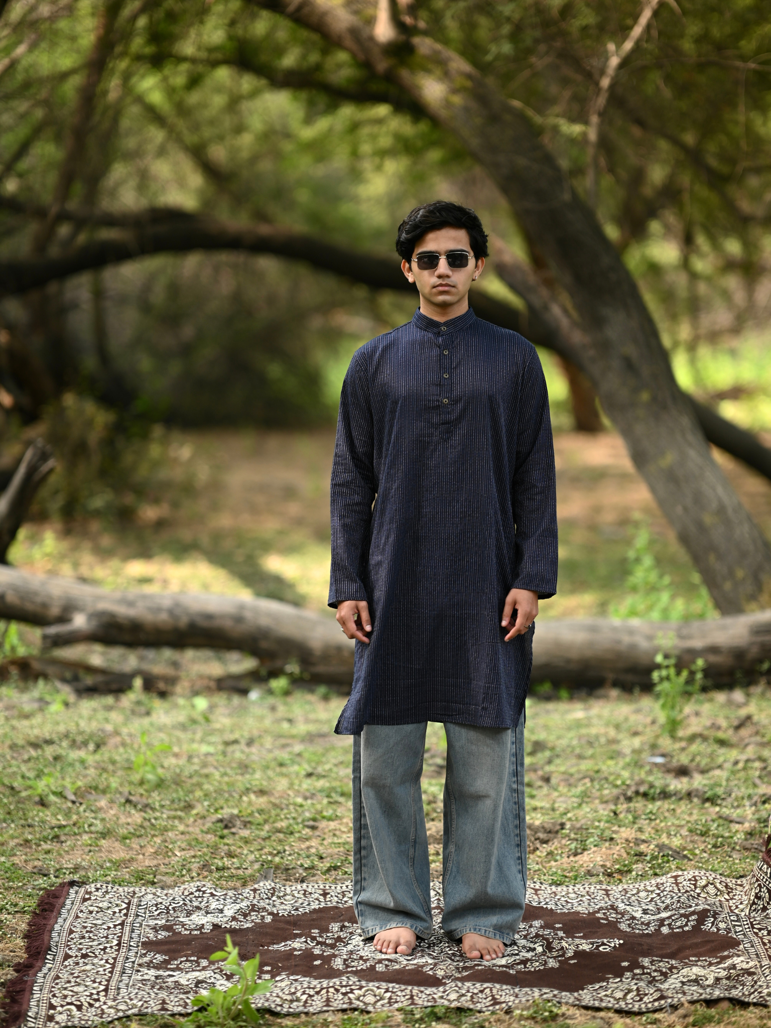 Navy Blue Kantha Thread Work Long Kurta & pyjama set