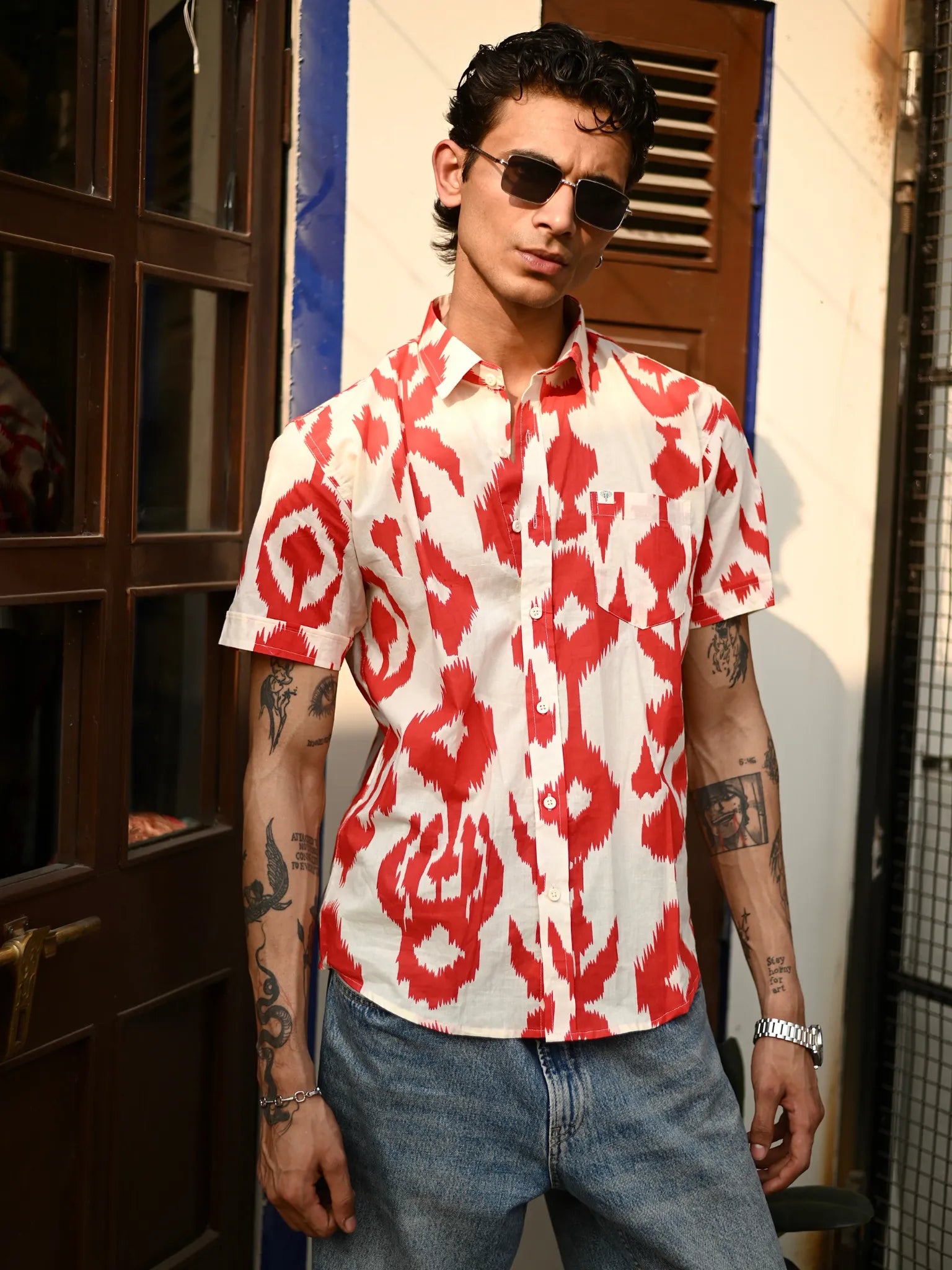 White Red Ikat Half-Sleeves Shirt