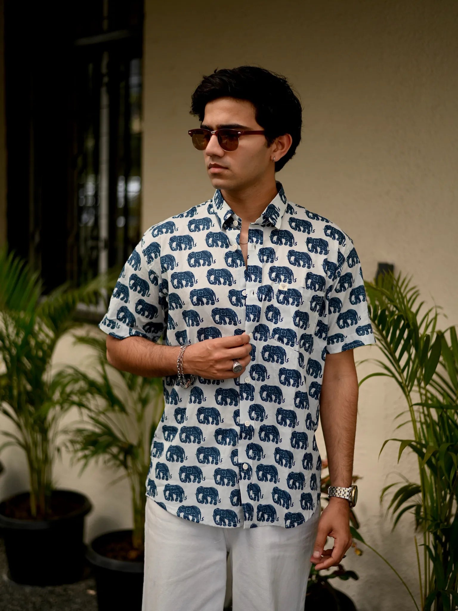white blue elephant half sleeves shirt