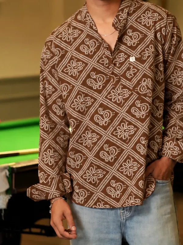 Brown Bandhani Printed Short Kurta