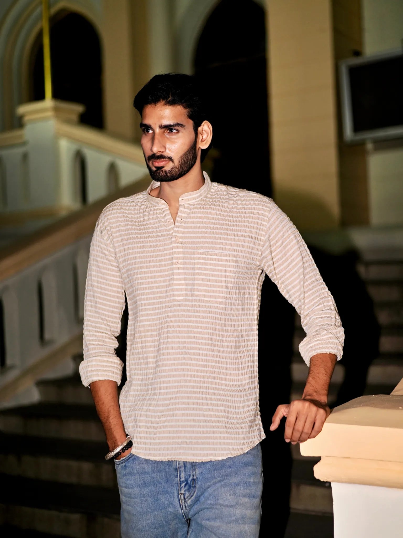 Cream Lining seersucker Short Kurta