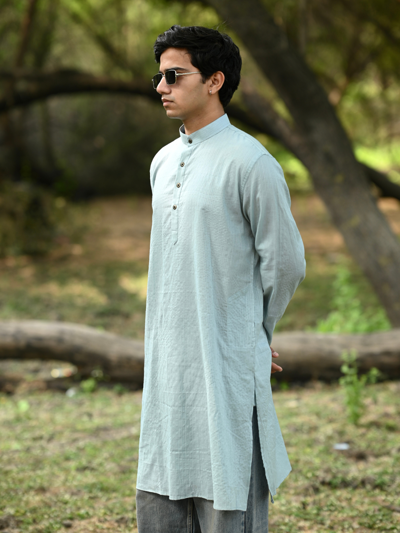 Sky Blue Kantha Thread Work Long Kurta & pyjama set