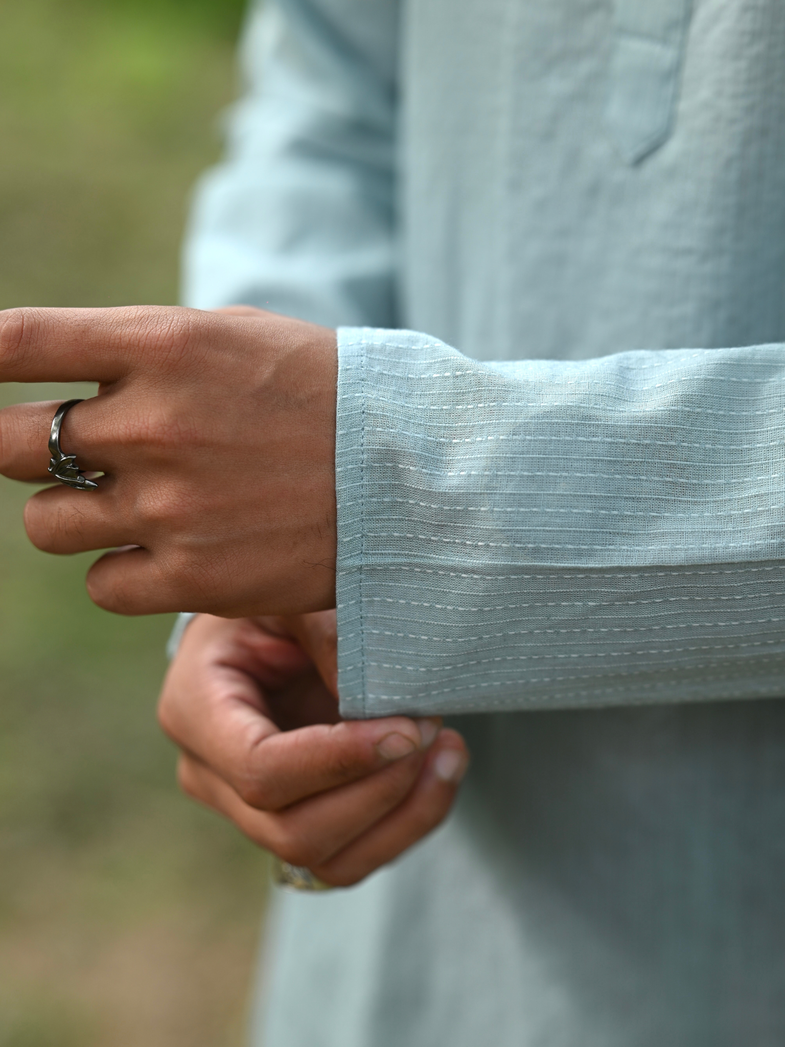 Sky Blue Kantha Thread Work Long Kurta & pyjama set