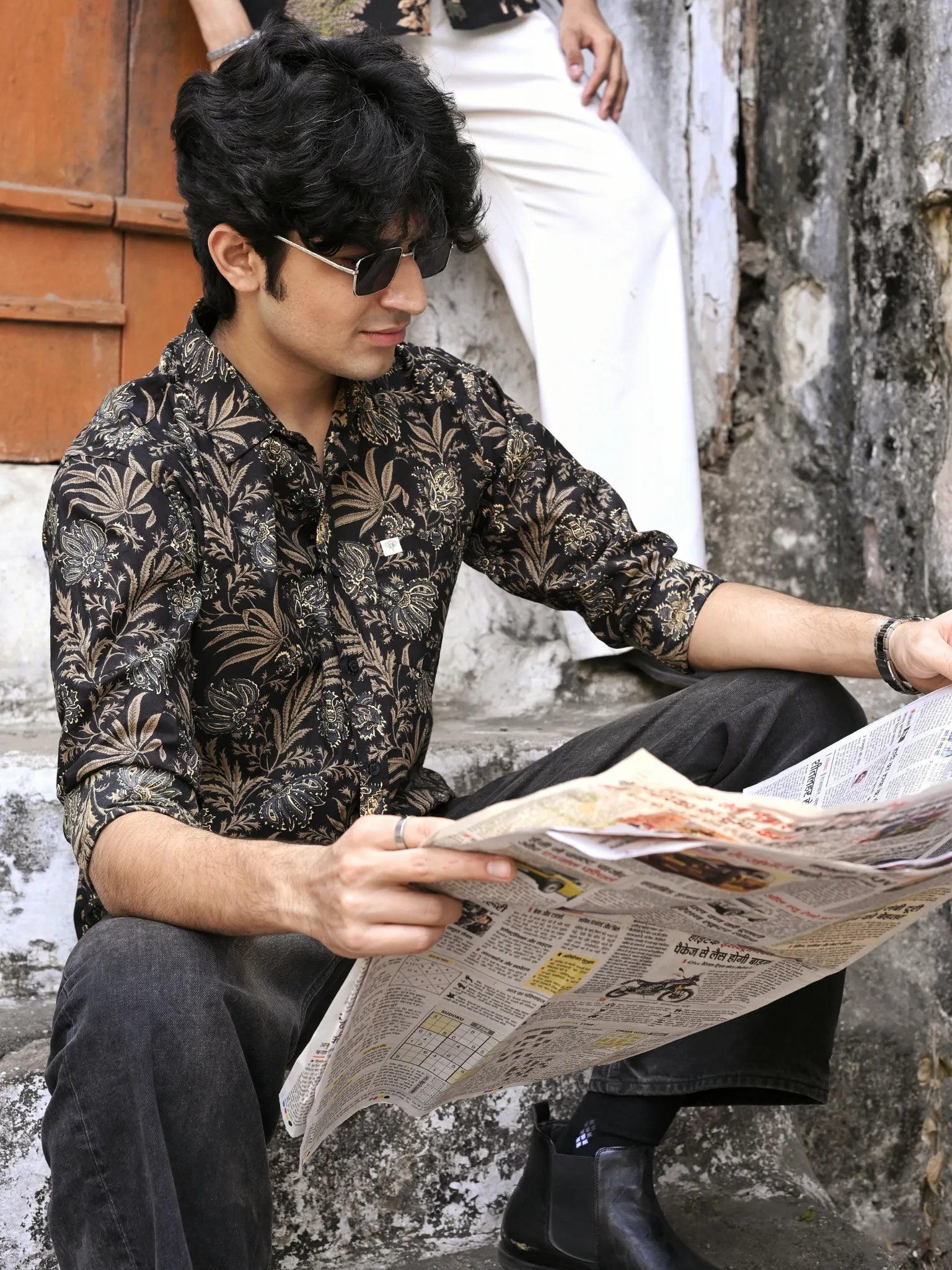 Black Golden Floral Full Sleeves Shirt
