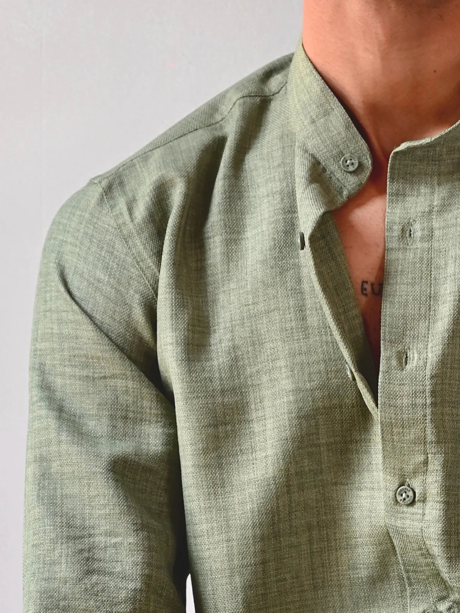 green Linen Blend Mandarin collar Full Sleeves Shirt