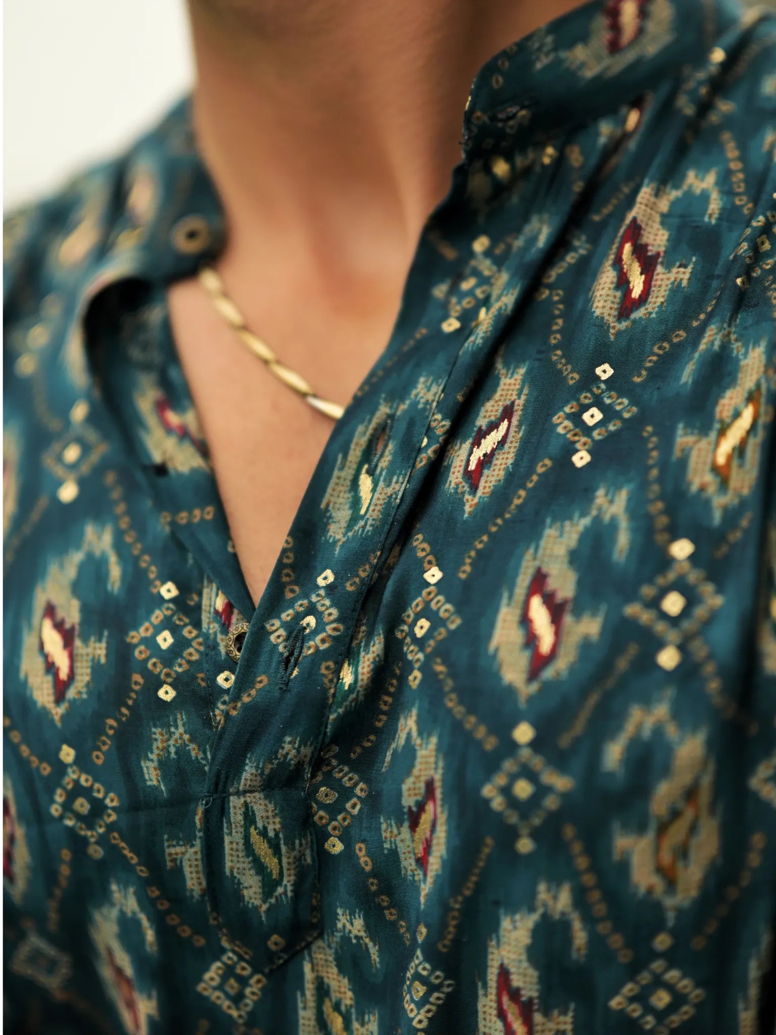 HUESFAB Teal Blue Ikat Print Short Kurta