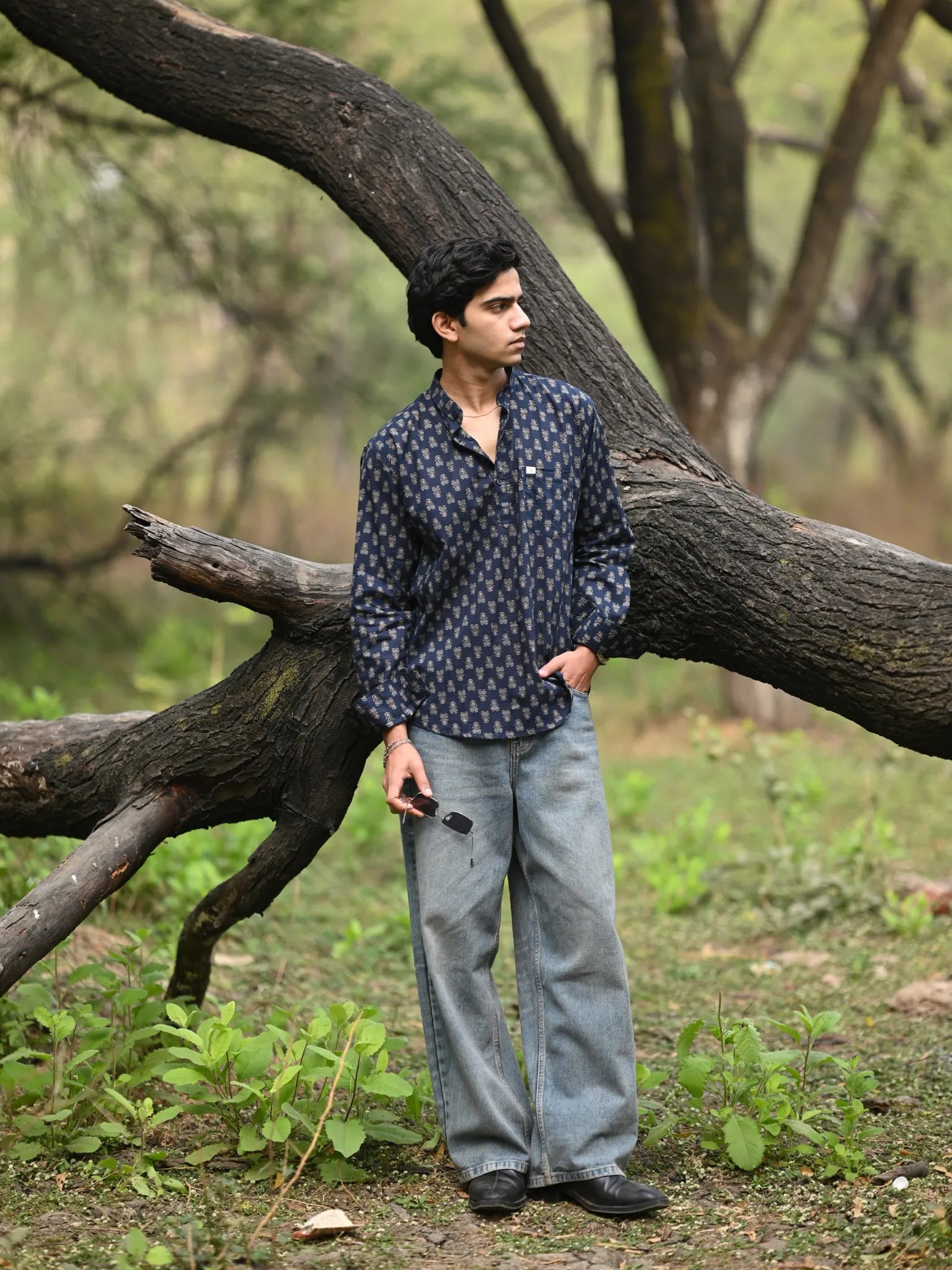 Navy Blue Gold Motifs Short Kurta