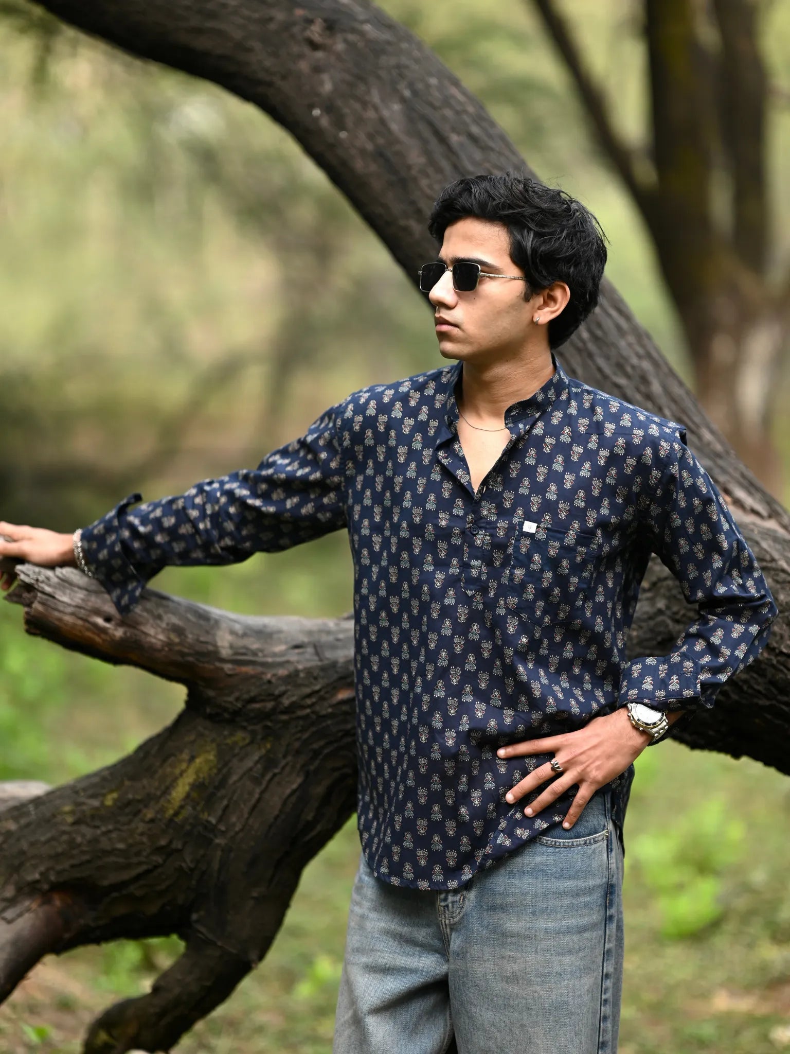 Navy Blue Gold Motifs Short Kurta