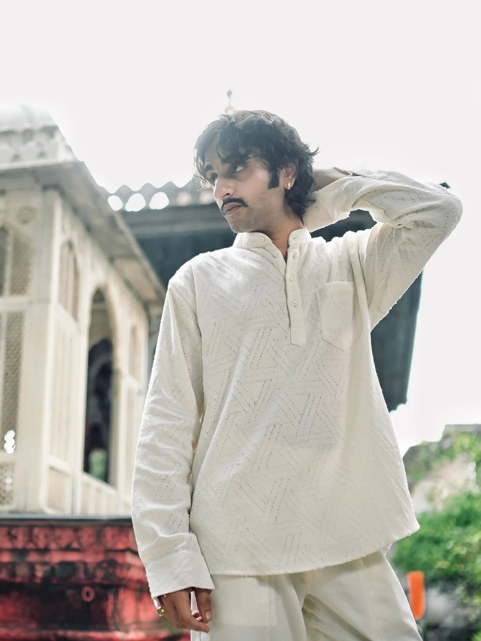 White Rugged Denim Short Kurta