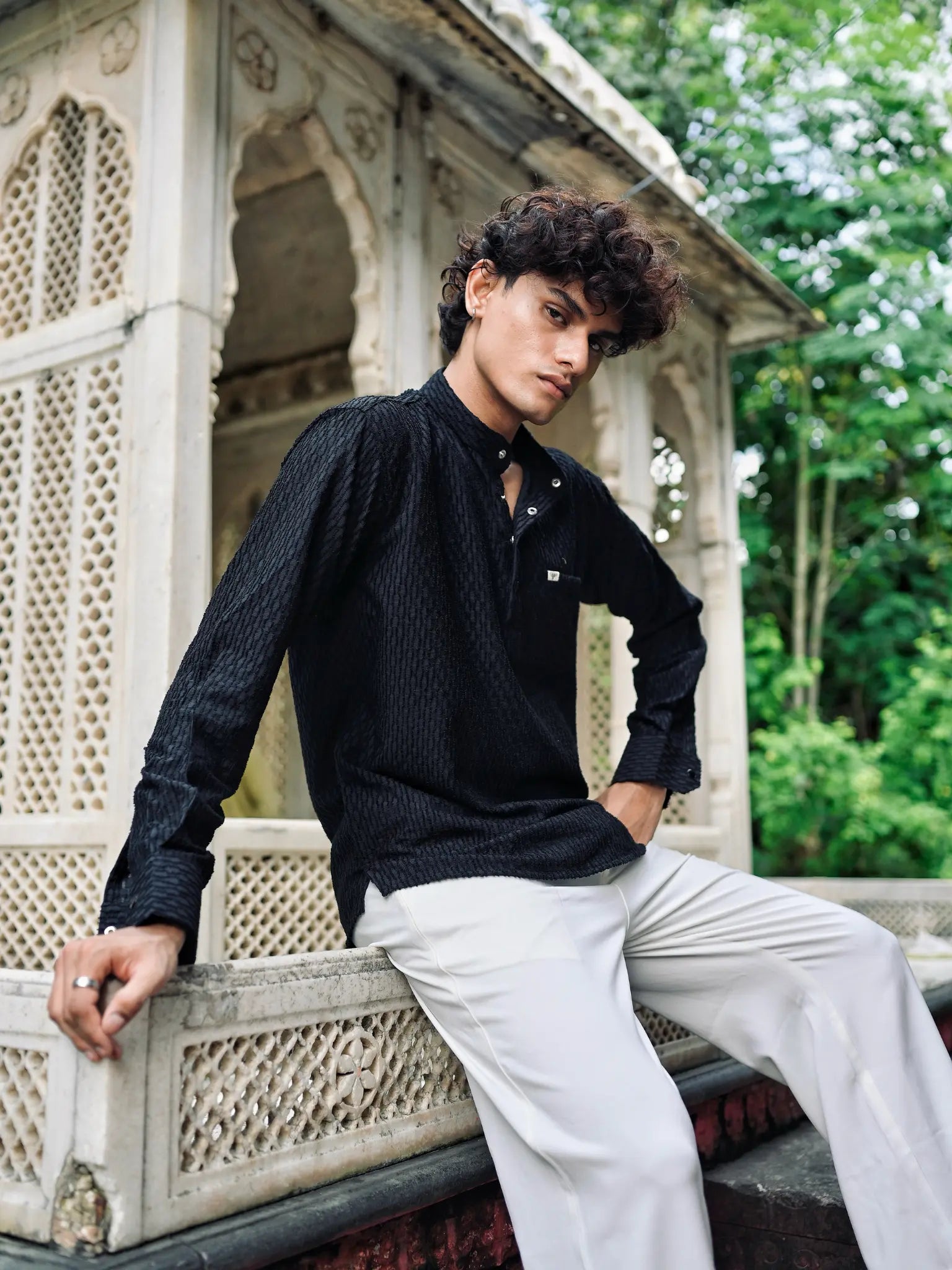 Black Texture Weave Short Kurta