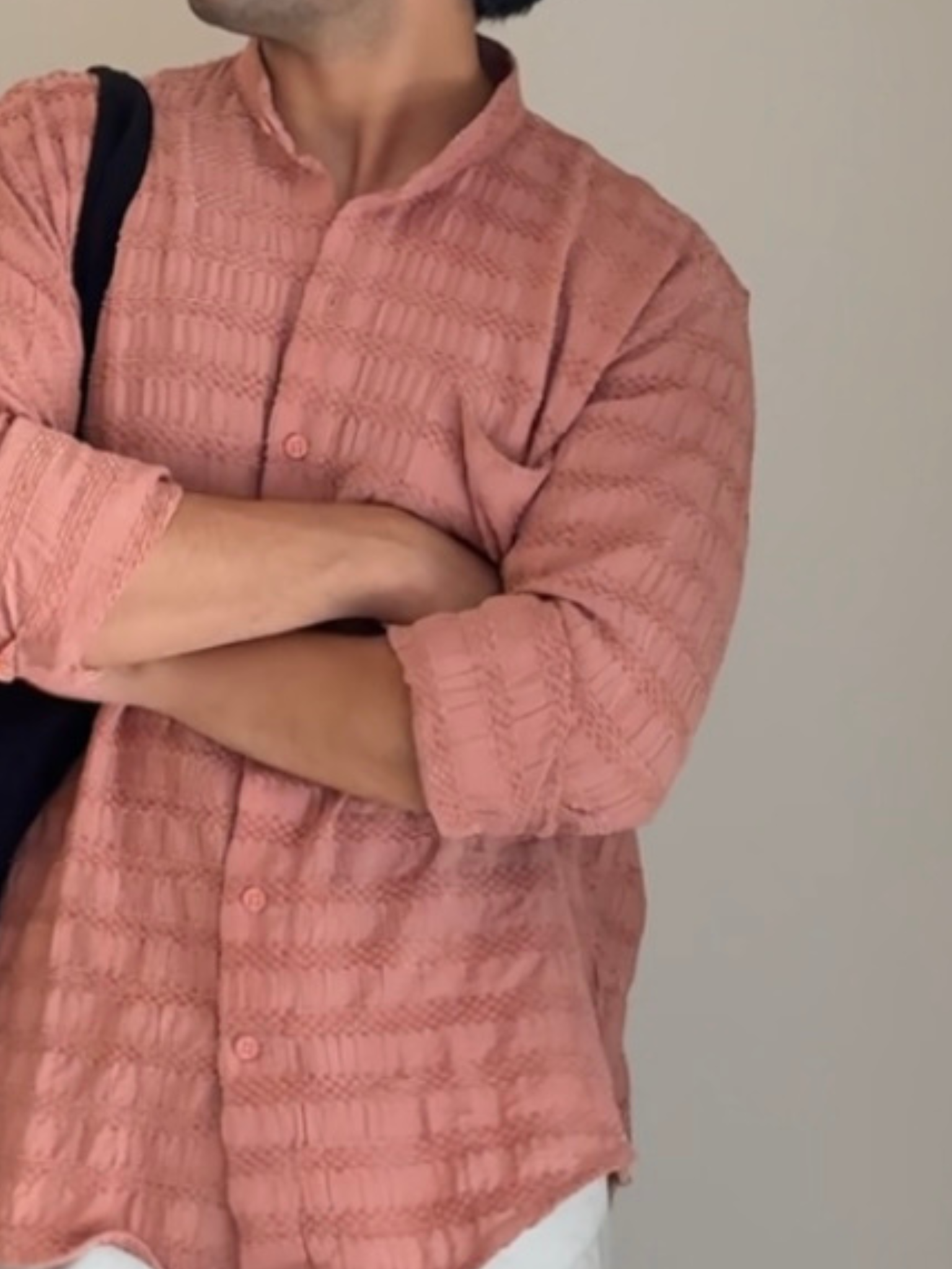 Dusky Pink Texture Mandarin Collar Full Sleeves Shirt