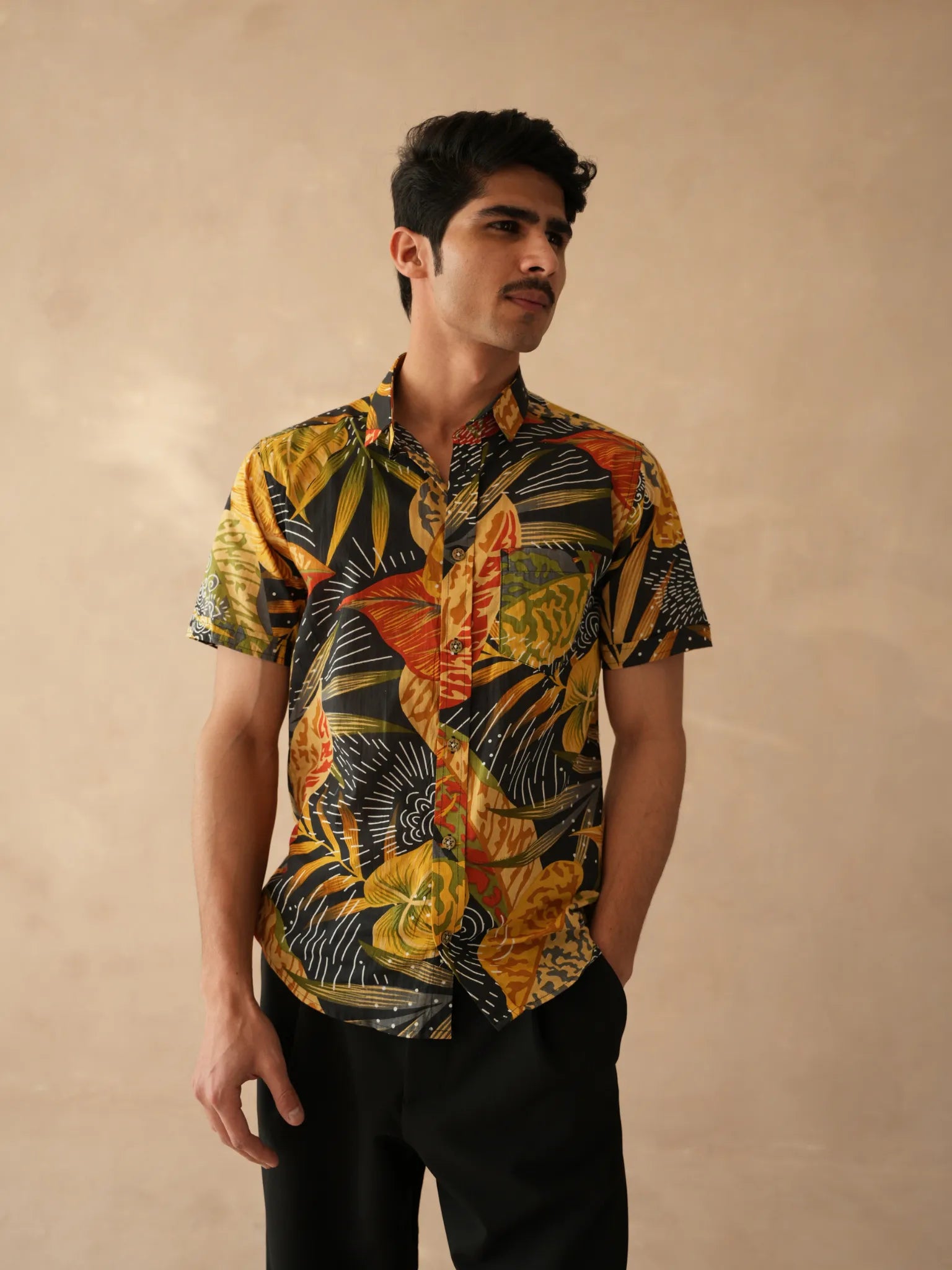 Navy Blue - Yellow Leaf Half Sleeves Shirt