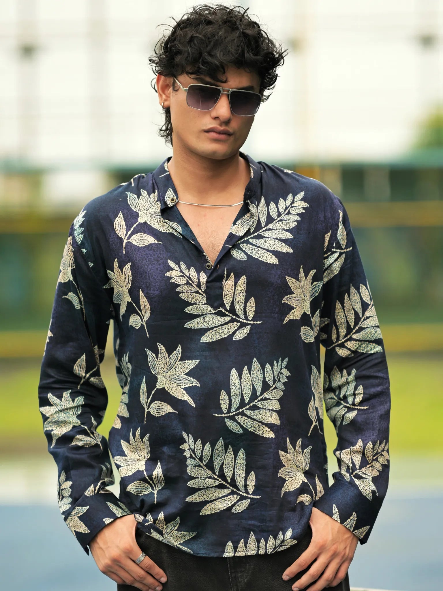 HUESFAB Navy Blue Leaf Print Short Kurta