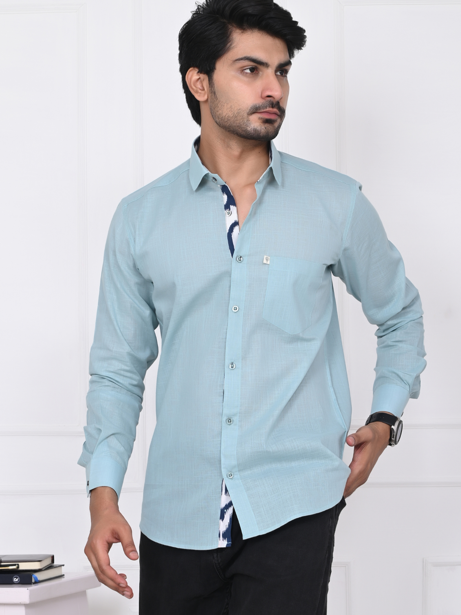 Sky Blue Linen Blend Shirt