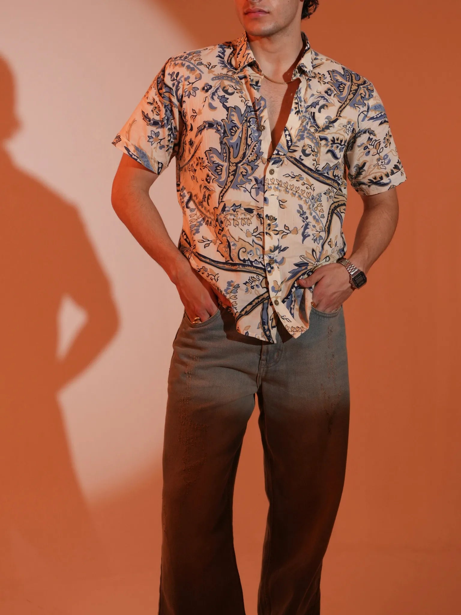 cream paisley printed half sleeves shirt