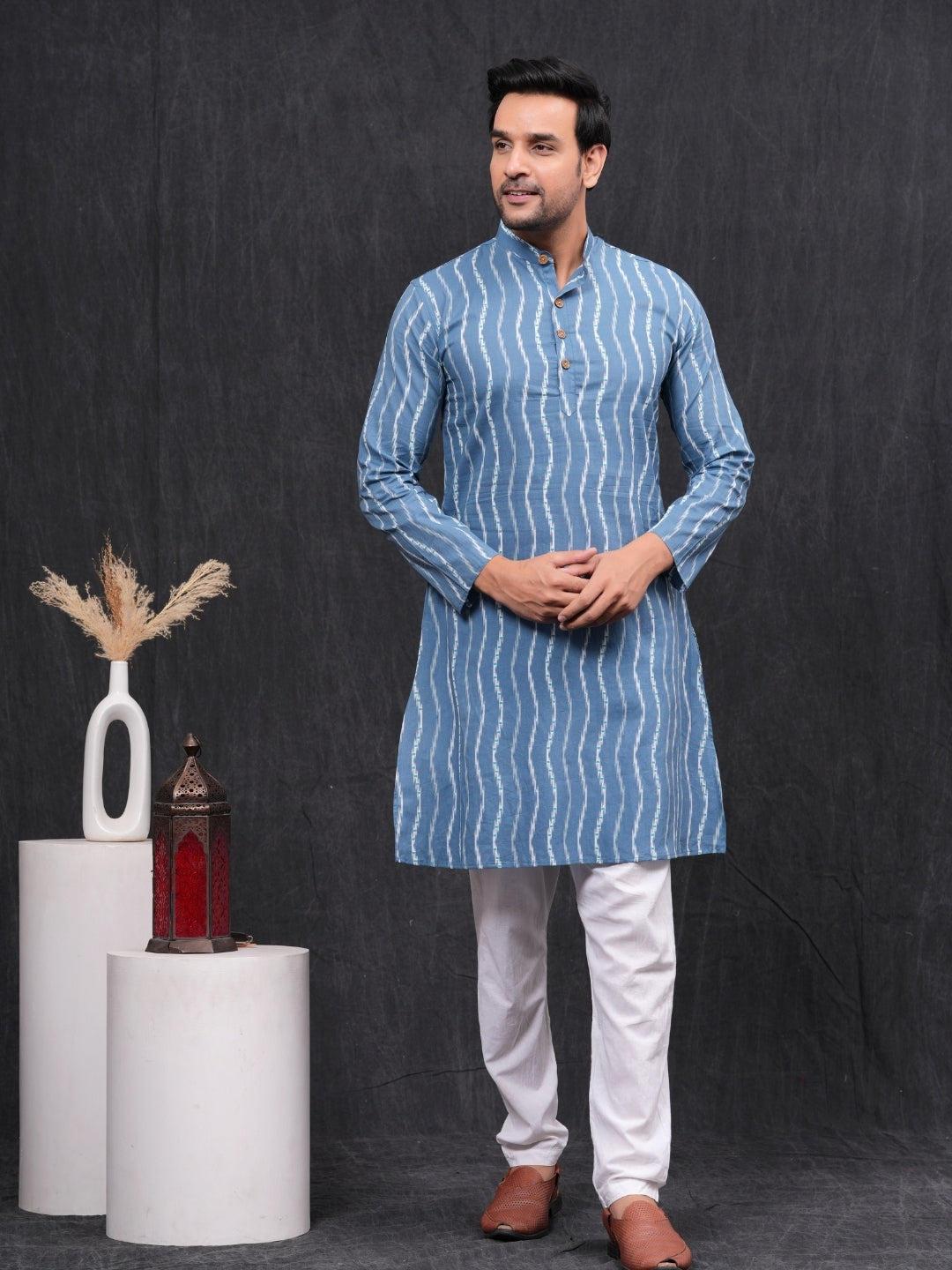 Blue illusion Lining Printed Cotton Kurta & Pajama Set
