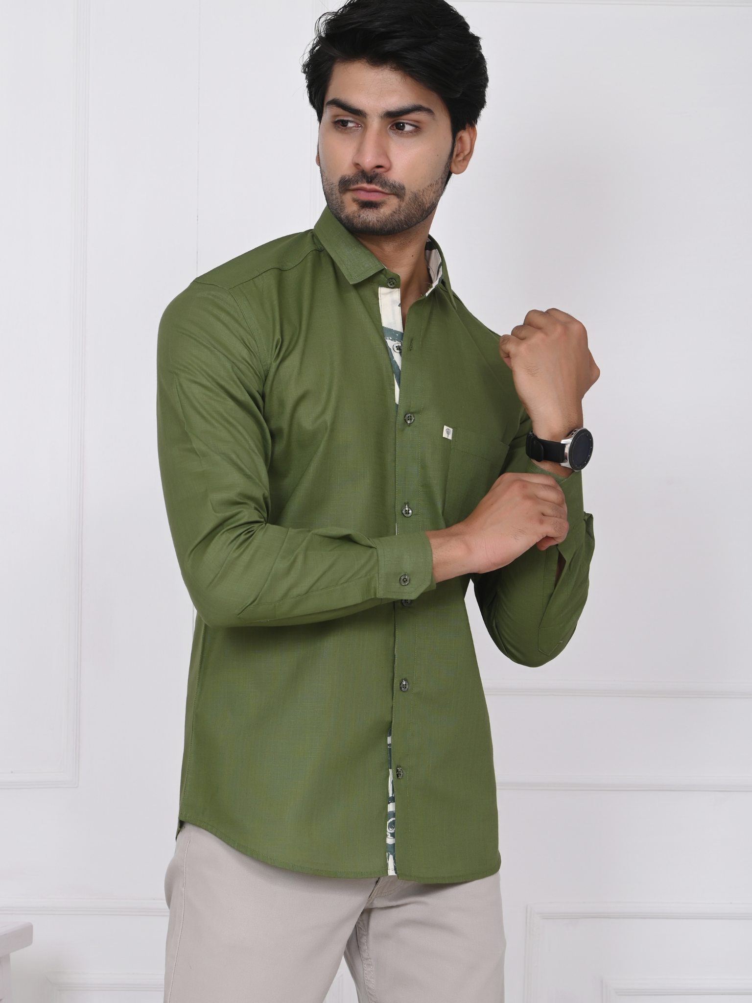 Olive Green Linen Blend Shirt