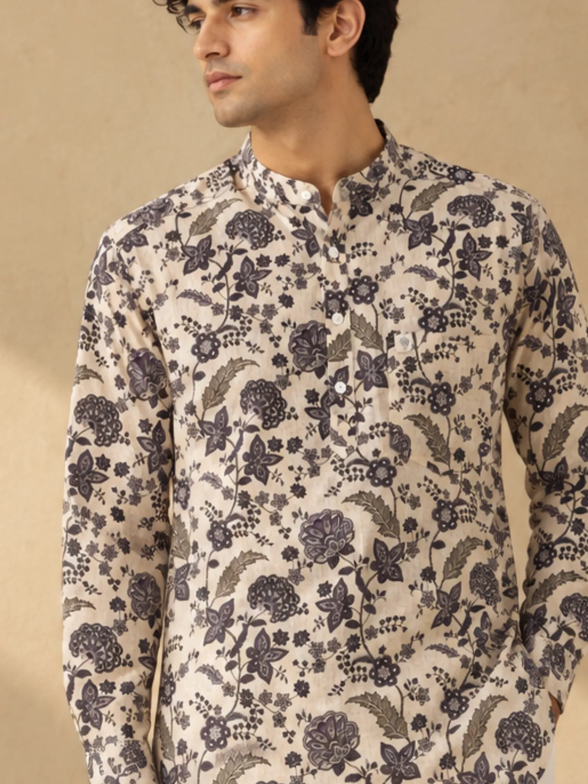 cream blue bloom printed short kurta