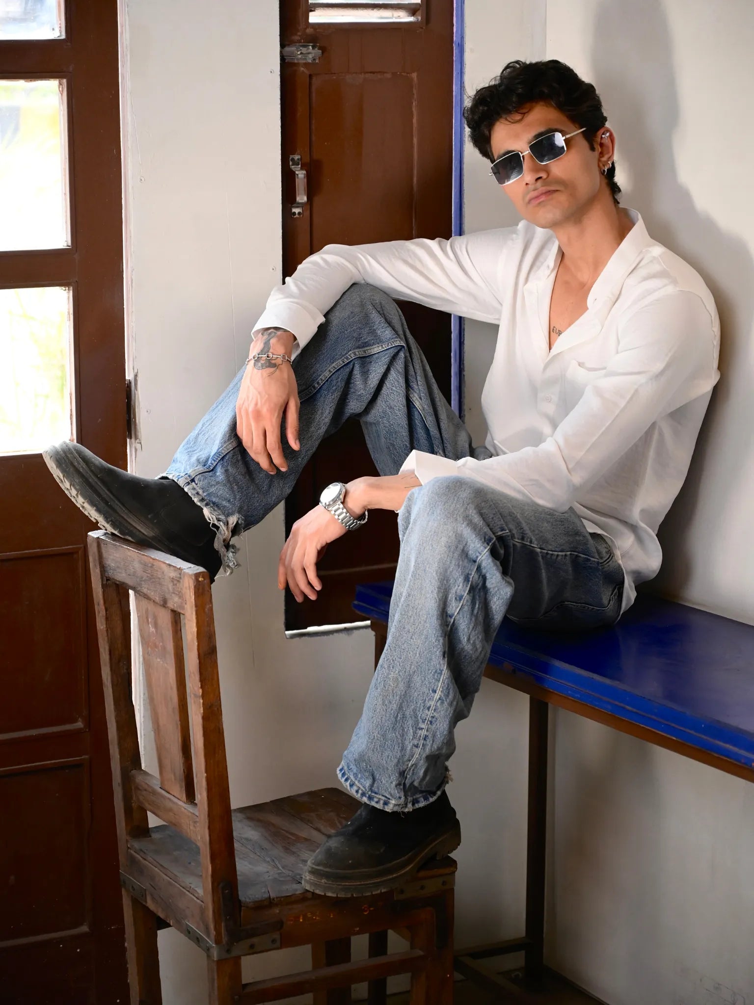 White Linen Blend Mandarin collar Full Sleeves Shirt