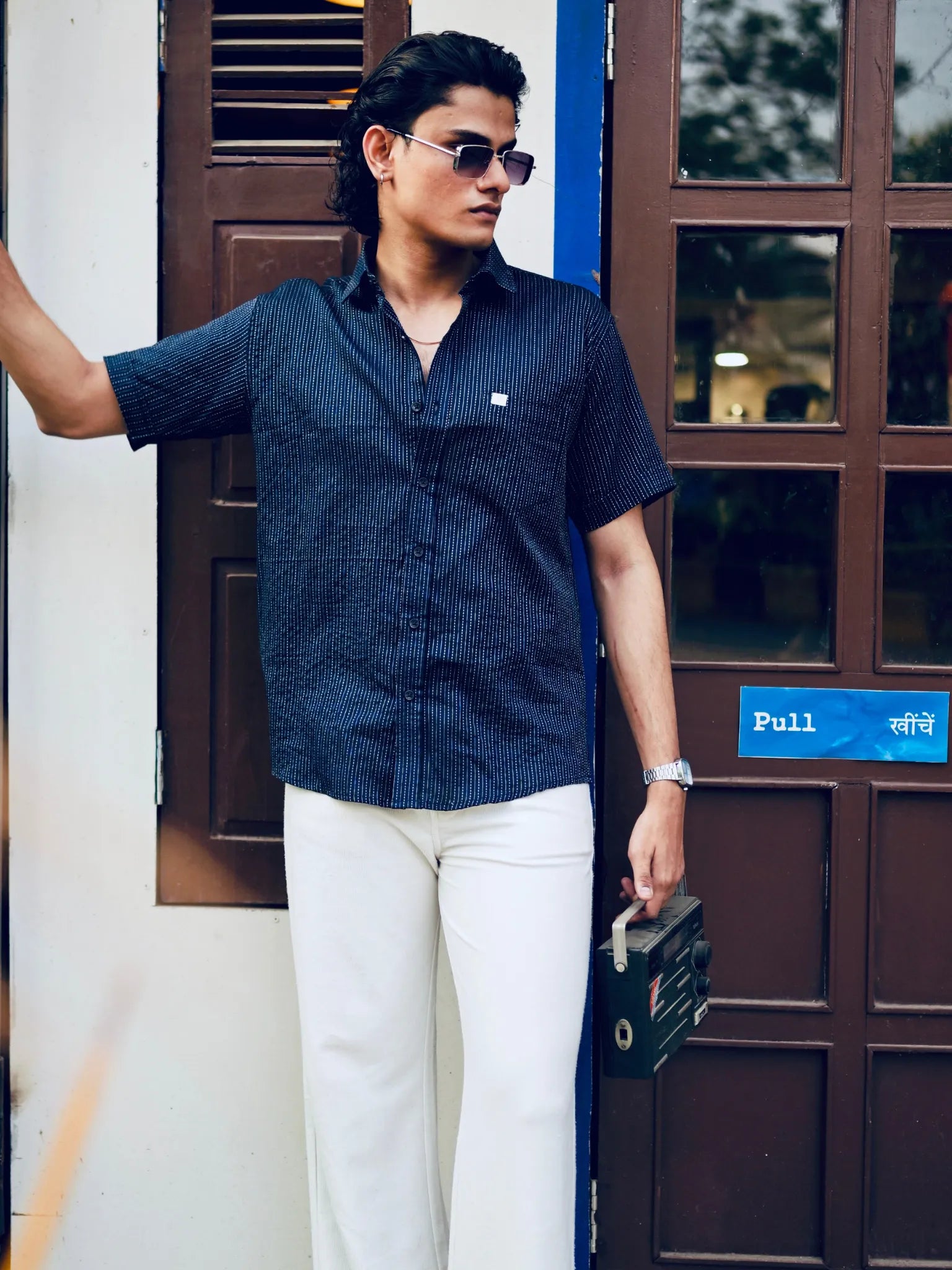 Navy Blue kantha Half Sleeves Shirt