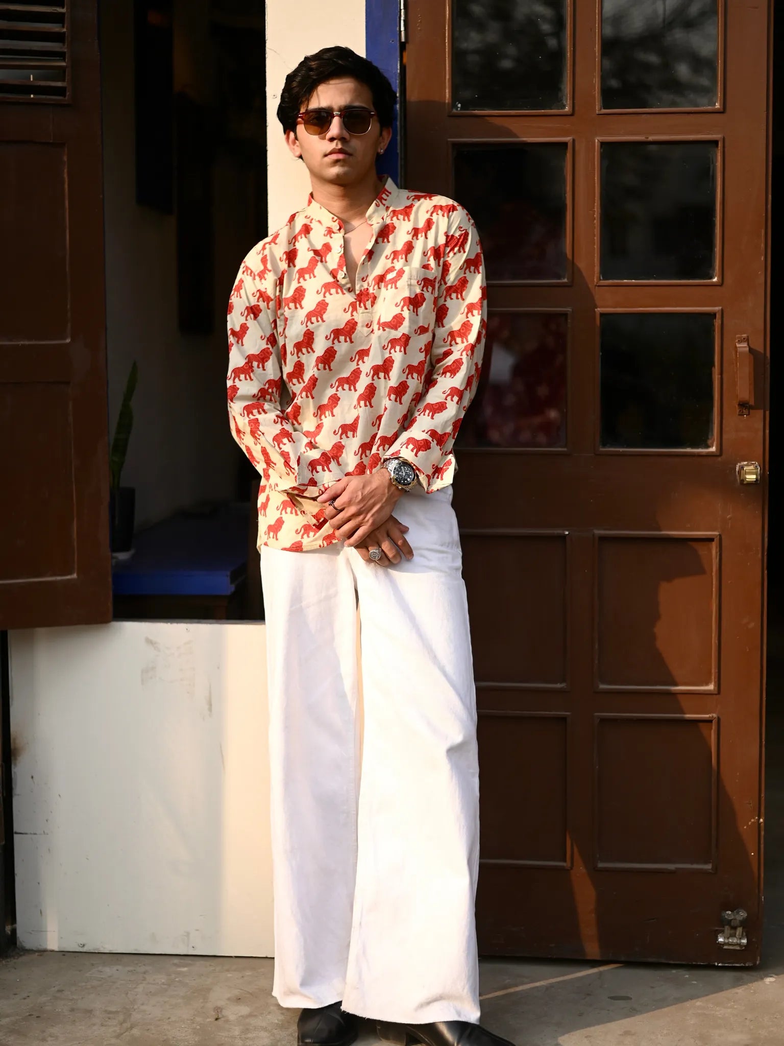 cream red lion printed short kurta