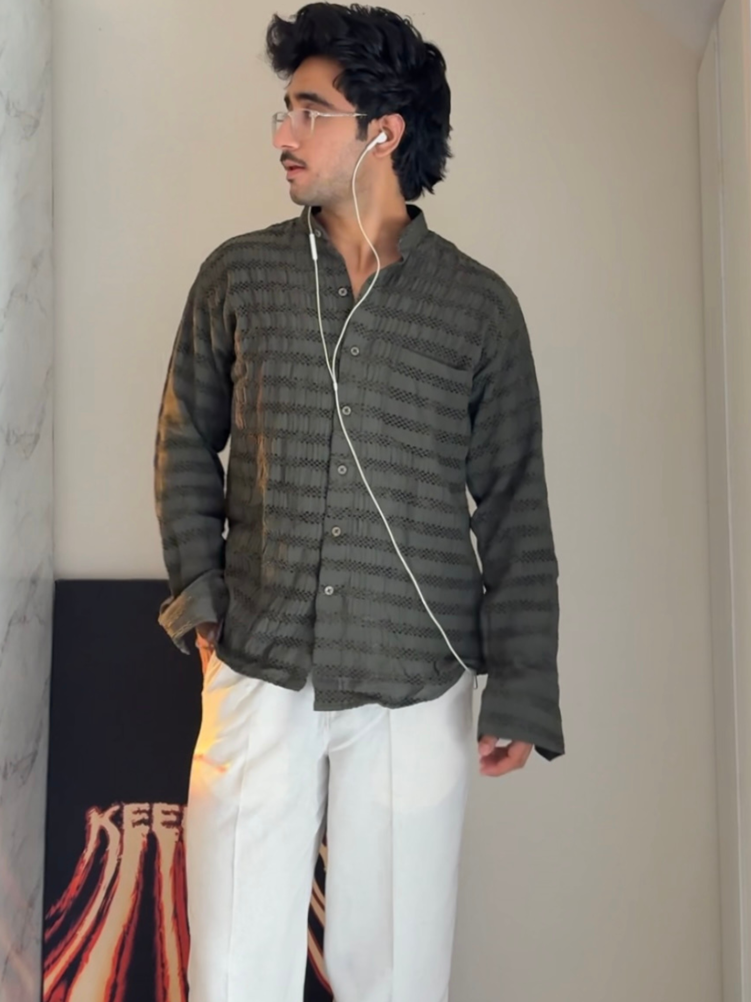Olive Texture Mandarin Collar Full Sleeves Shirt