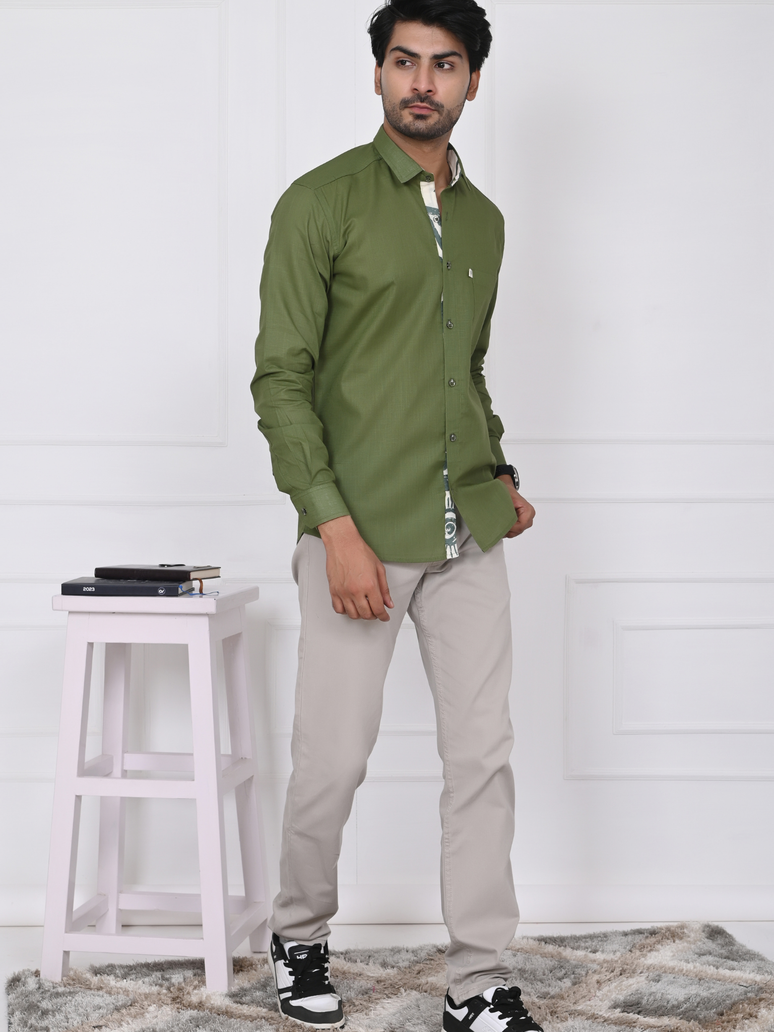 Olive Green Linen Blend Shirt