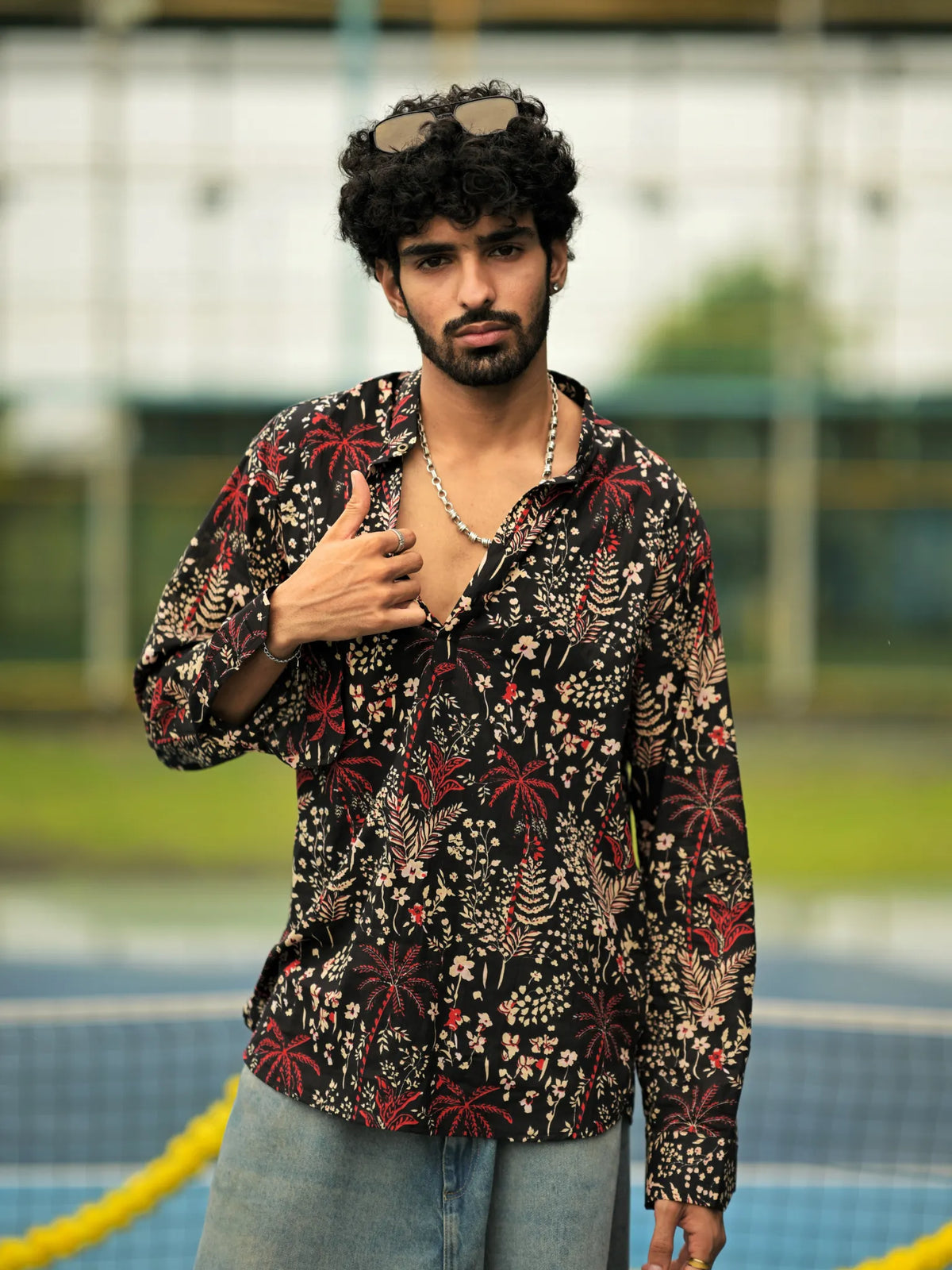 HUESFAB Black Palm Bloom Short Kurta